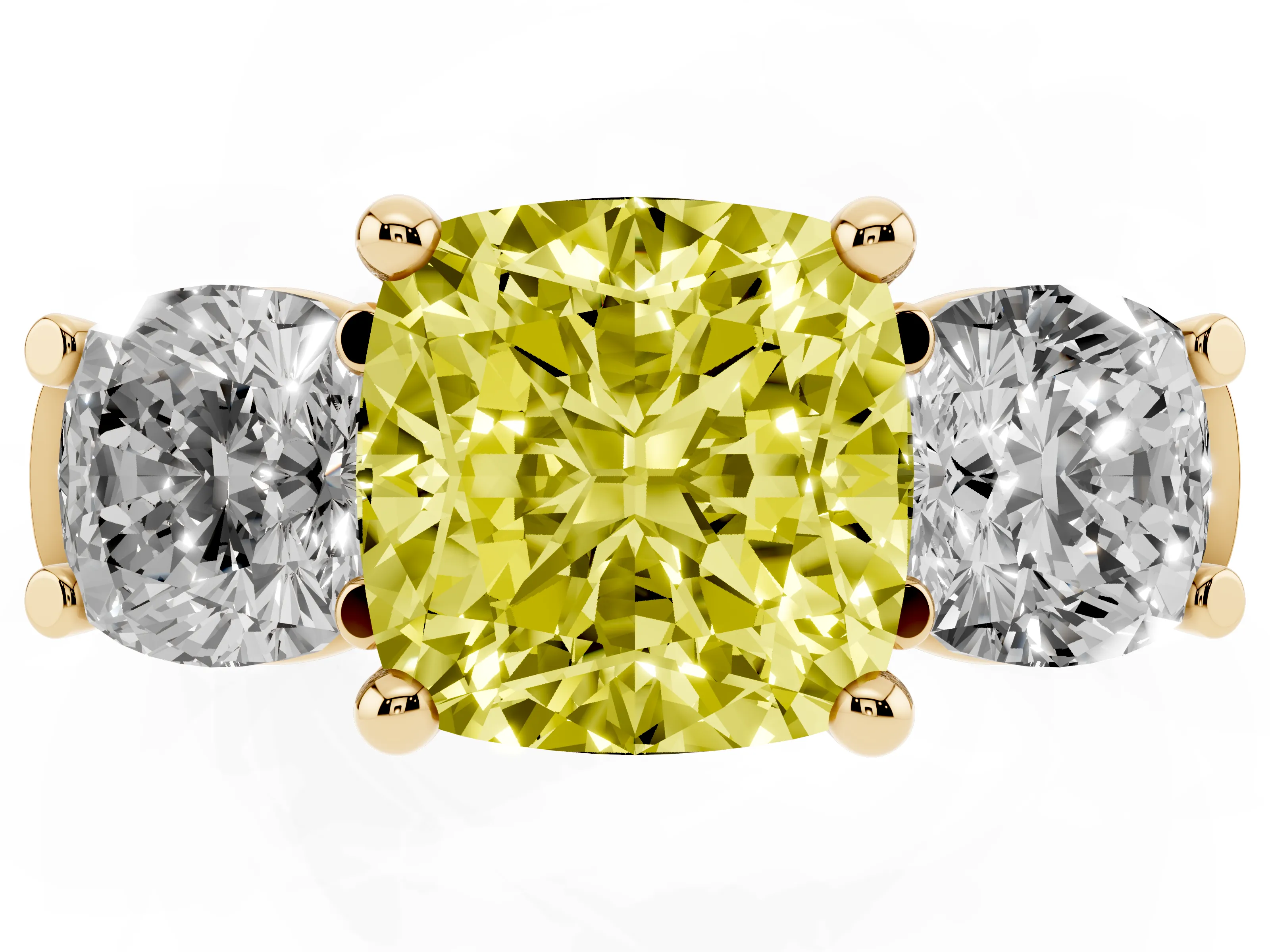Fancy Yellow Cushion Cut Diamond Three-Stone Trellis Ring Set in Yellow gold with Comfort Fit Band