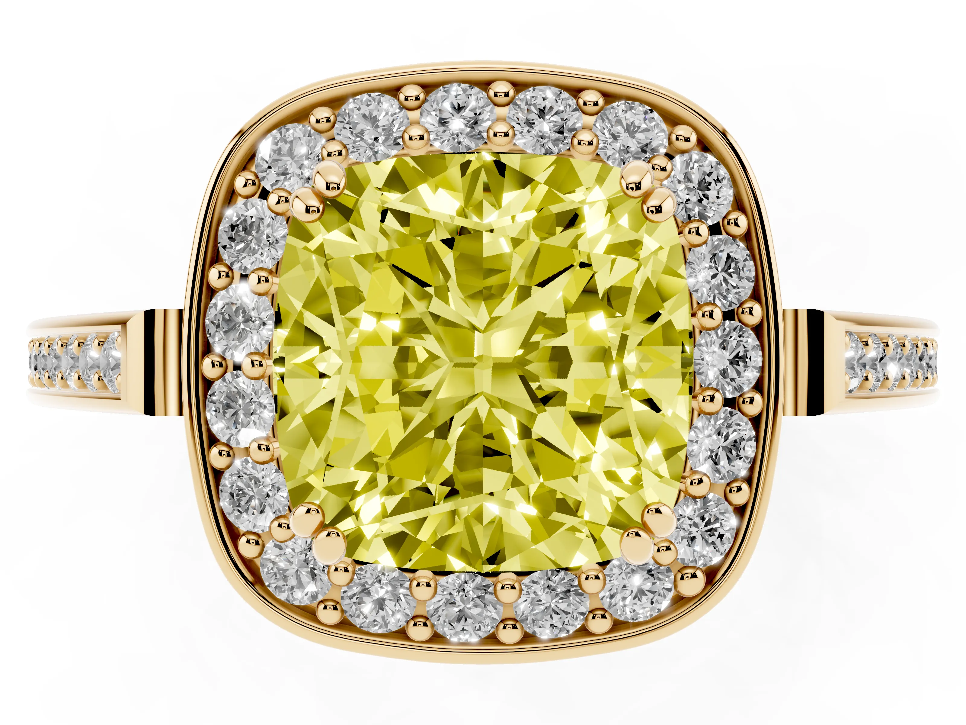 Fancy Yellow Cushion Cut Diamond Halo Ring Set in Yellow gold with Accent-Lined Split Shank and Prong Setting