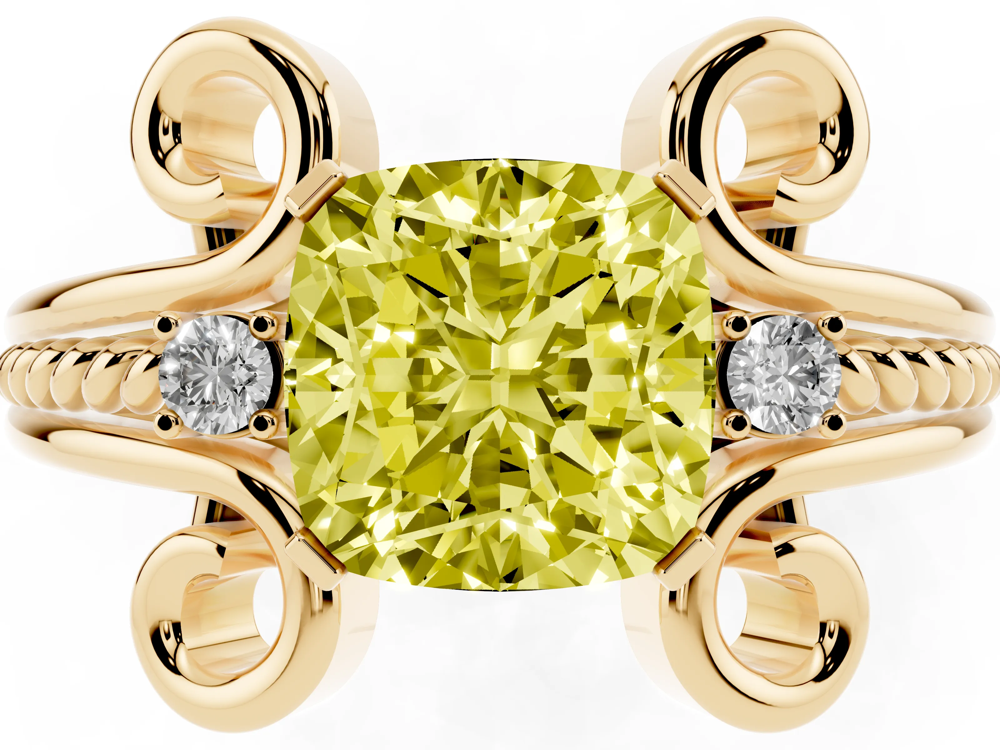 Fancy Yellow Cushion Cut Diamond Twisted Band Solitaire Ring Set in Yellow gold with Scroll Prongs