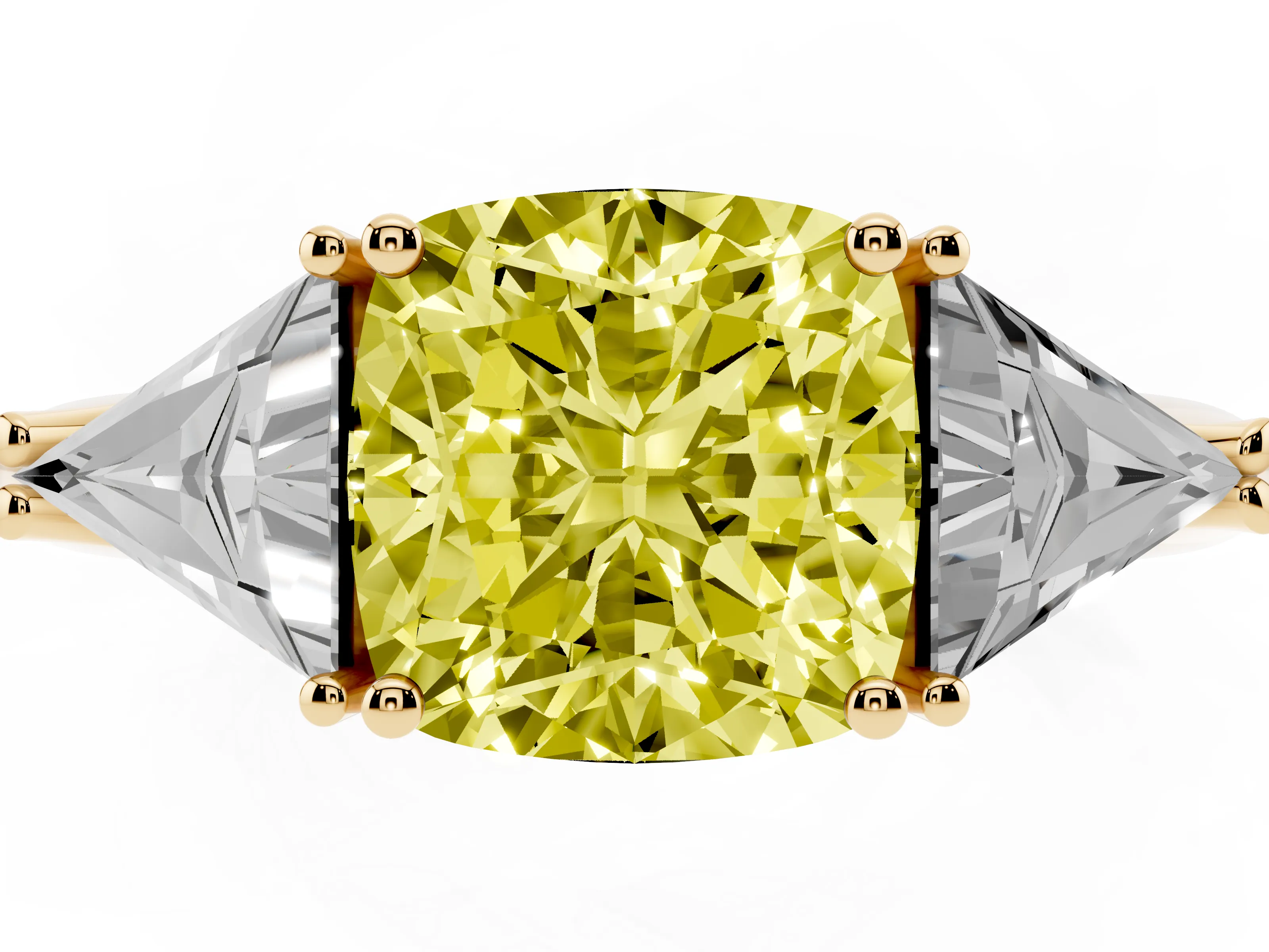 Fancy Yellow Cushion Cut Diamond Three-Stone Engagement Ring Set in Yellow gold with Trillion Side Stones