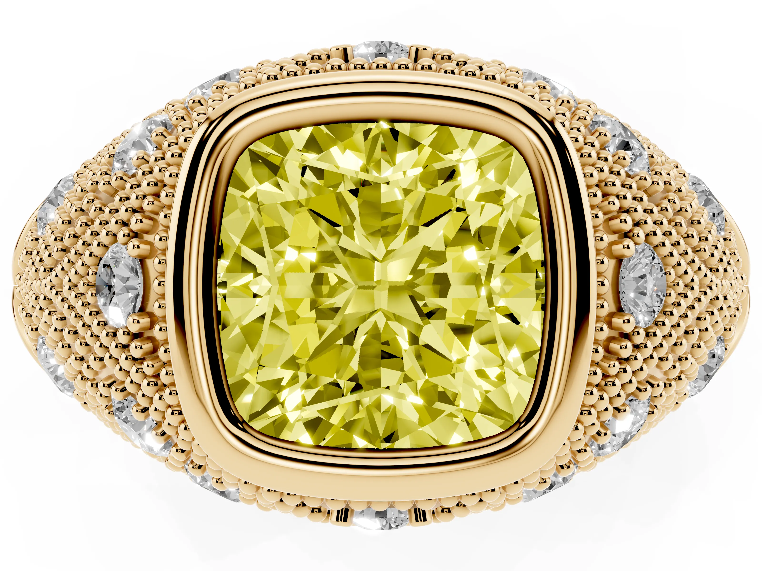 Fancy Yellow Cushion Cut Diamond Bezel Ring Set in Yellow gold with Milgrain Accent Band