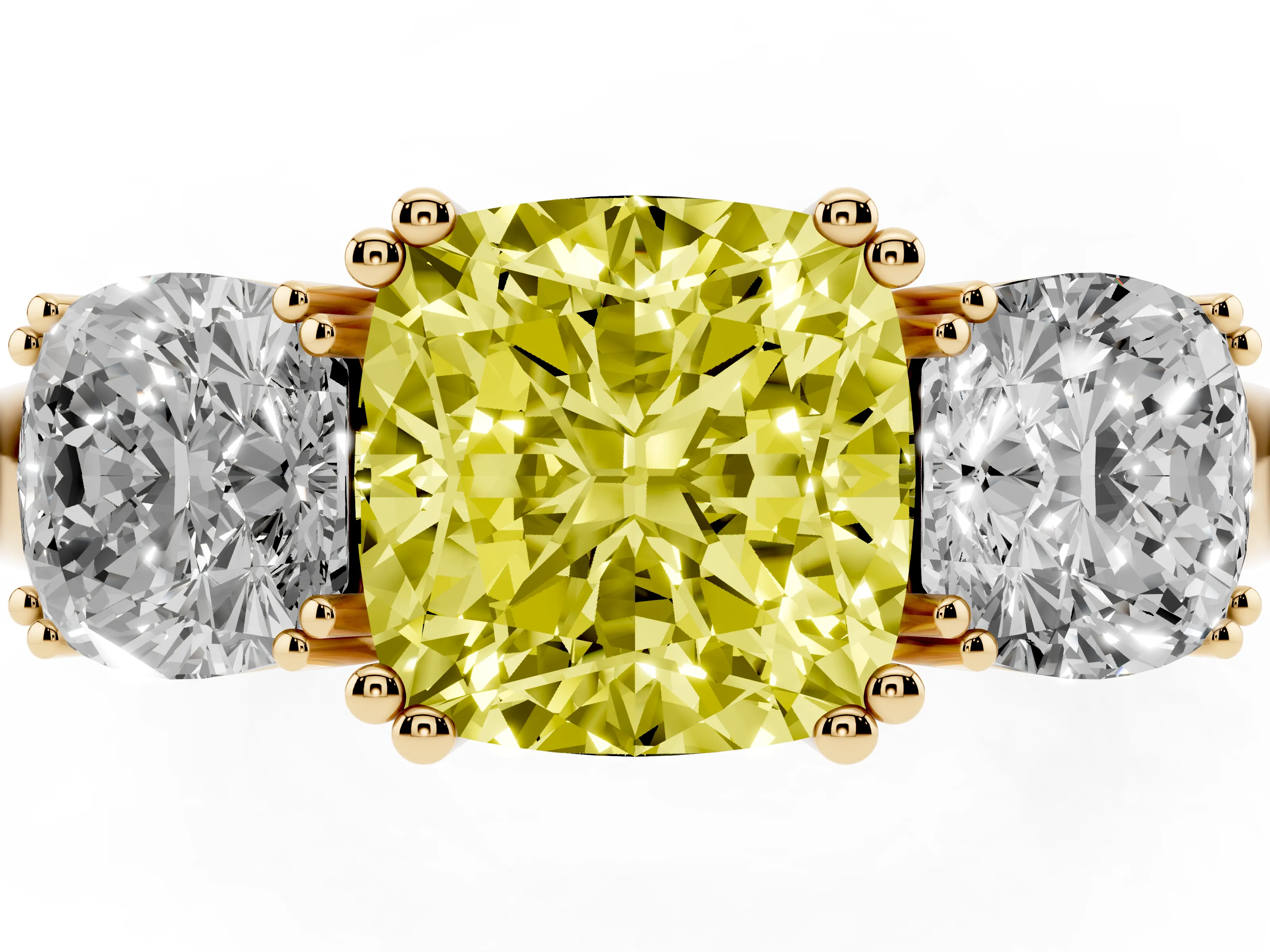 Fancy Yellow Cushion Cut Diamond Three-Stone Ring Set in Yellow gold with Polished Band and Prong Setting