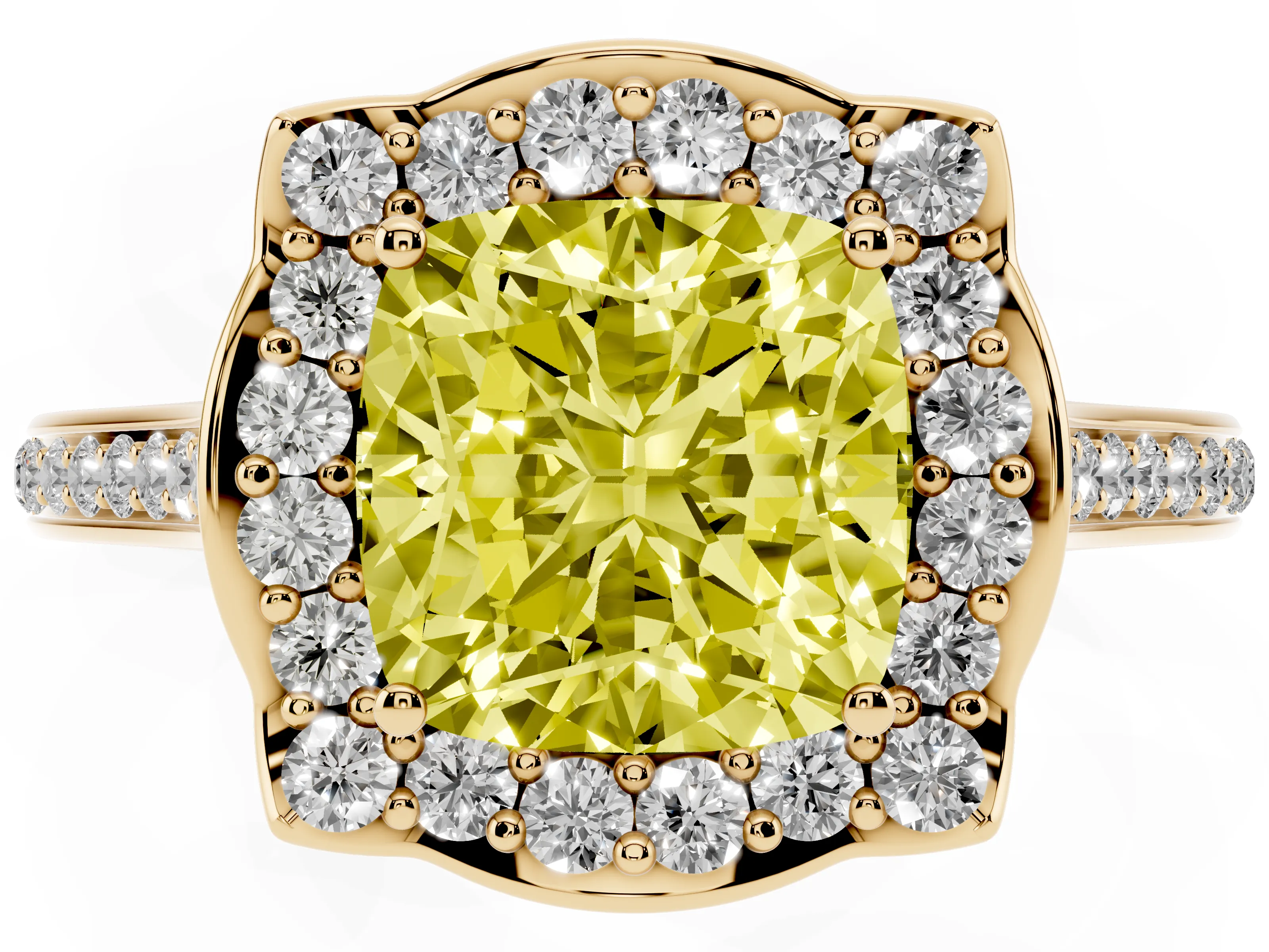 Fancy Yellow Cushion Cut Diamond Halo Ring Set in Yellow gold with Pavé-Lined Shoulders and Prong Setting