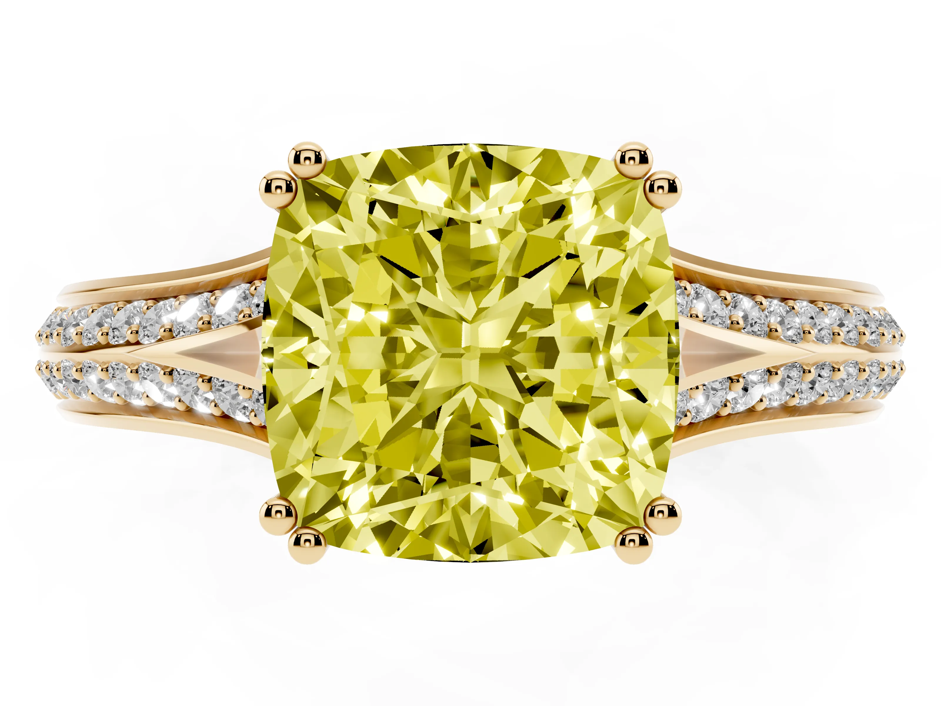 Fancy Yellow Cushion Cut Diamond Split Shank Pavé Engagement Ring Set in Yellow gold with Prong-Set Center Stone