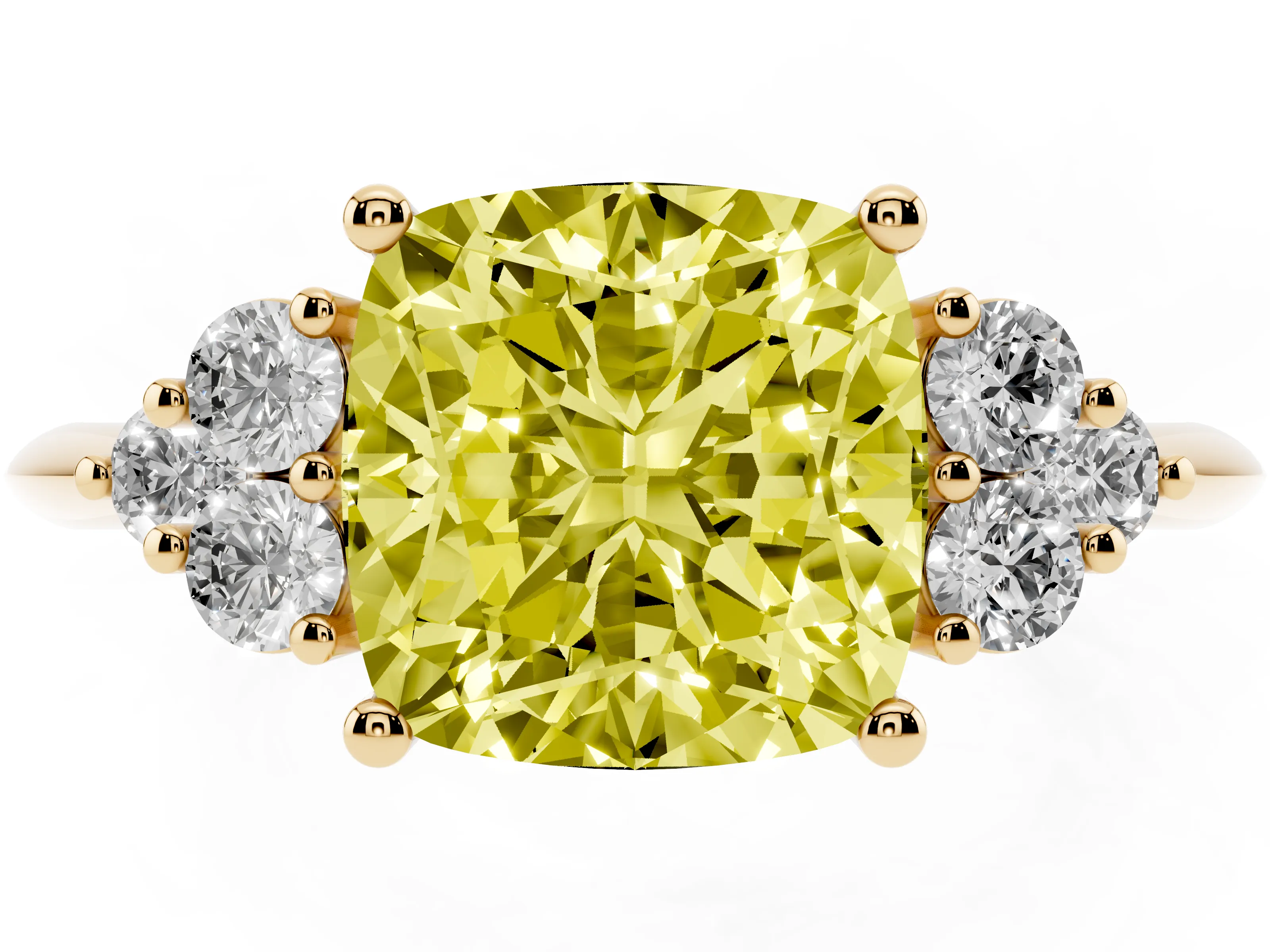 Fancy Yellow Cushion Cut Diamond Cluster Ring Set in Yellow gold with Plain Band and Prong Setting