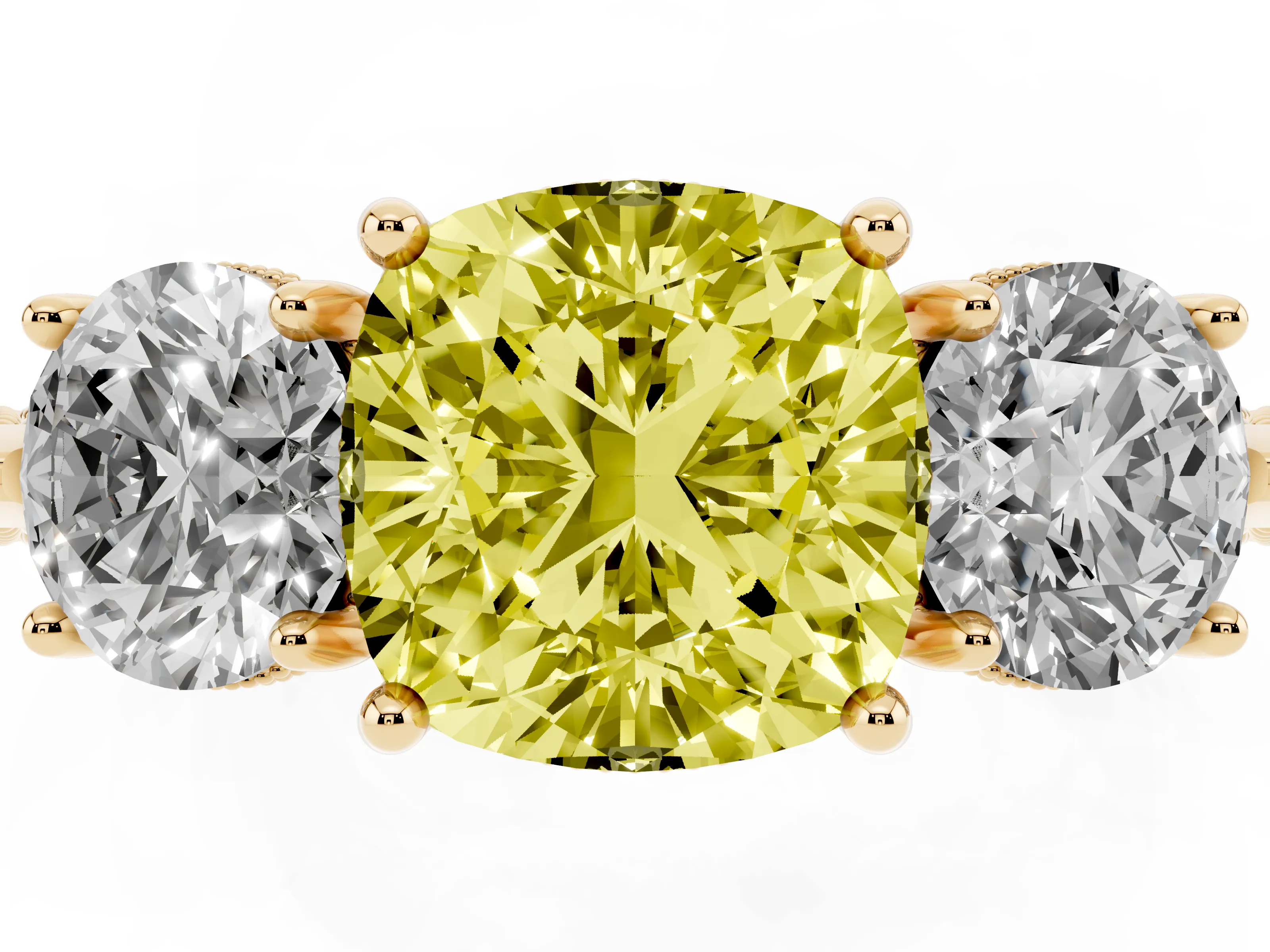 Fancy Yellow Cushion Cut Diamond Three-Stone Ring Set in Yellow gold with Milgrain Band