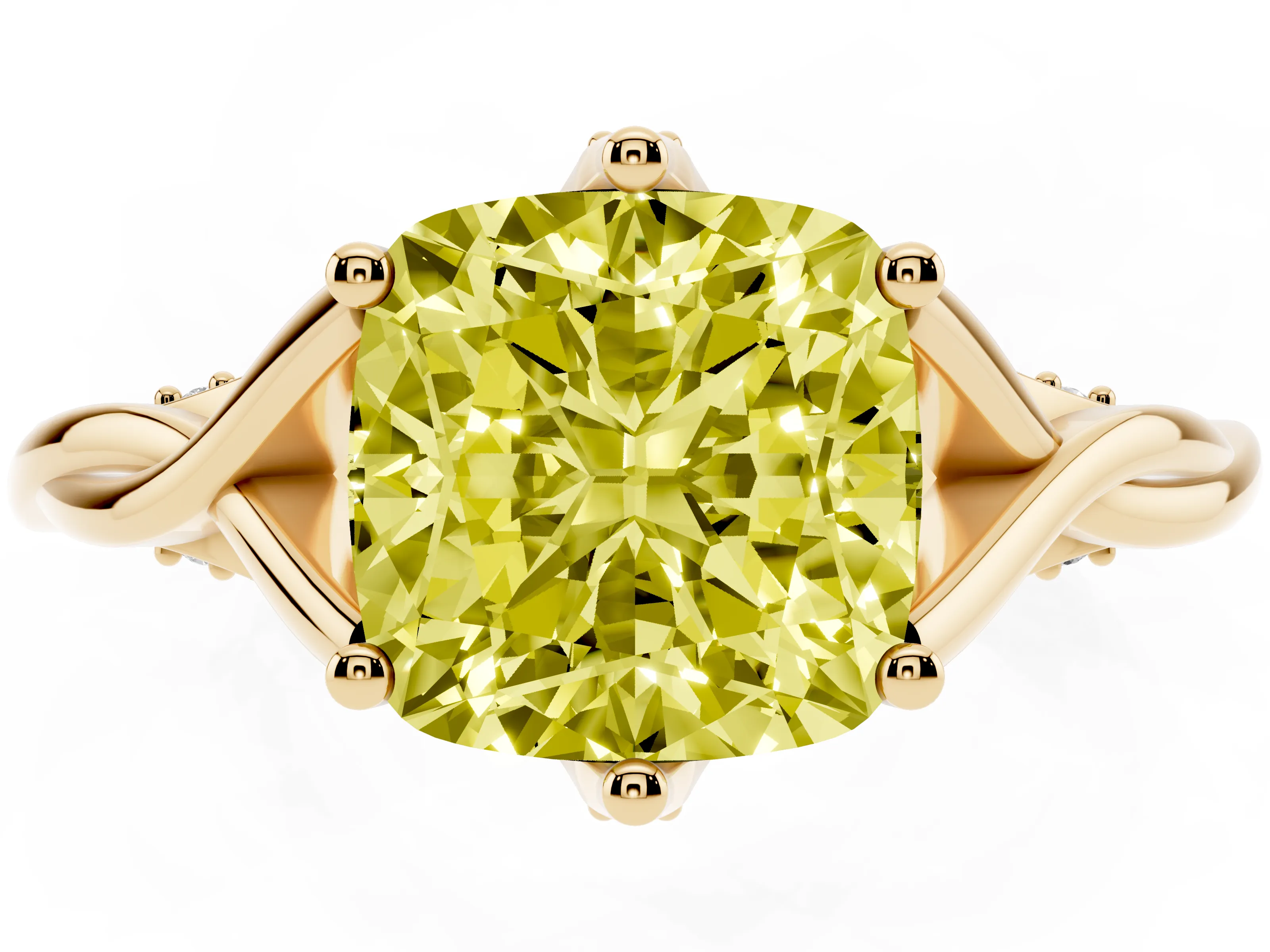 Fancy Yellow Cushion Cut Diamond Intertwined Twist Band Solitaire Ring Set in Yellow gold with Prong Setting