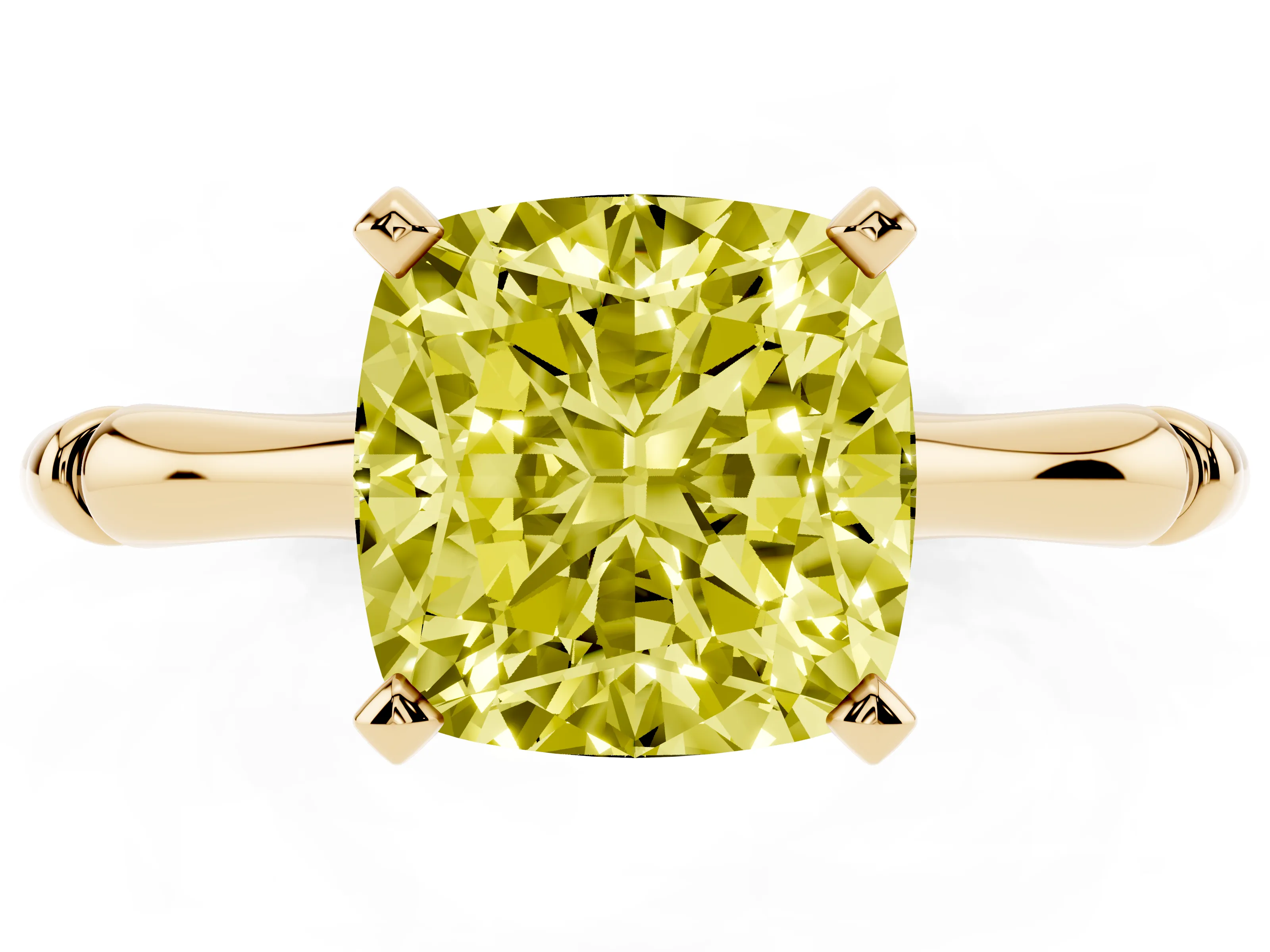 Fancy Yellow Cushion Cut Diamond Solitaire Ring Set in Yellow gold with Bamboo Band and Prong Setting