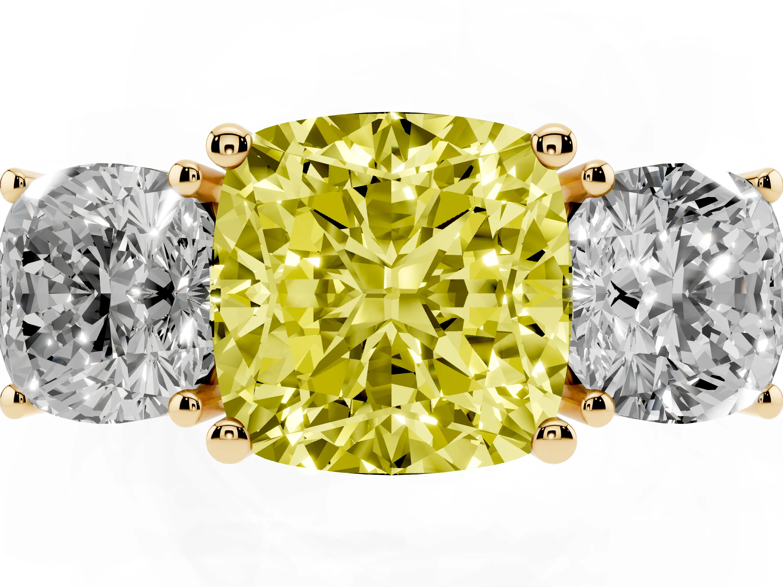 Fancy Yellow Cushion Cut Diamond Three-Stone Engagement Ring Set in Yellow gold with Flat Band
