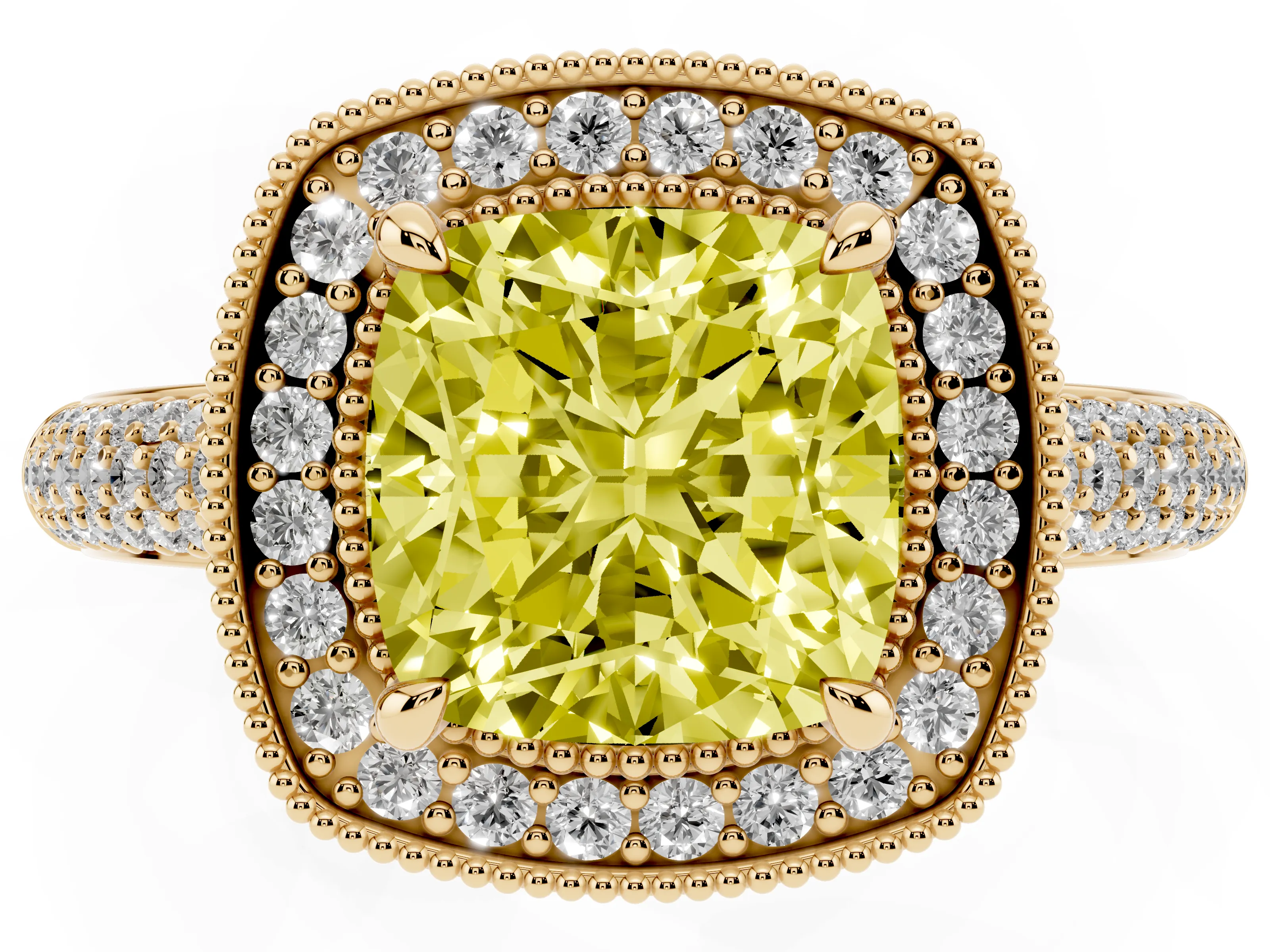 Fancy Yellow Cushion Cut Diamond Halo Pavé Band Set in Yellow gold with Prong Setting