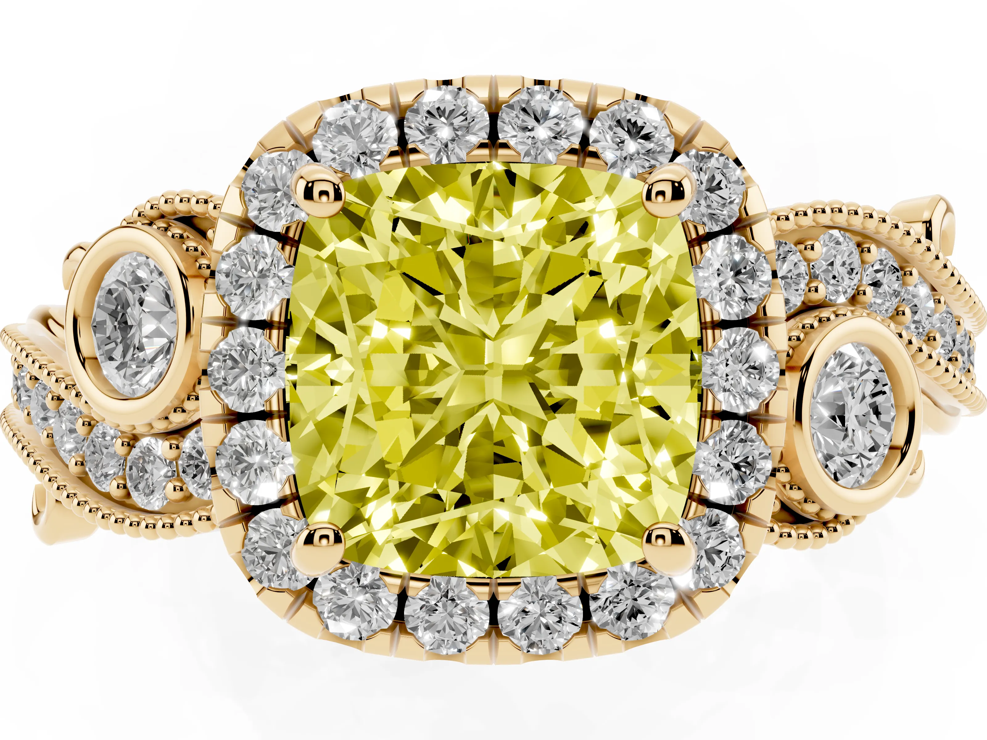 Fancy Yellow Cushion Cut Diamond Halo Ring Set in Yellow gold with Milgrain Pavé Band and Prong Setting