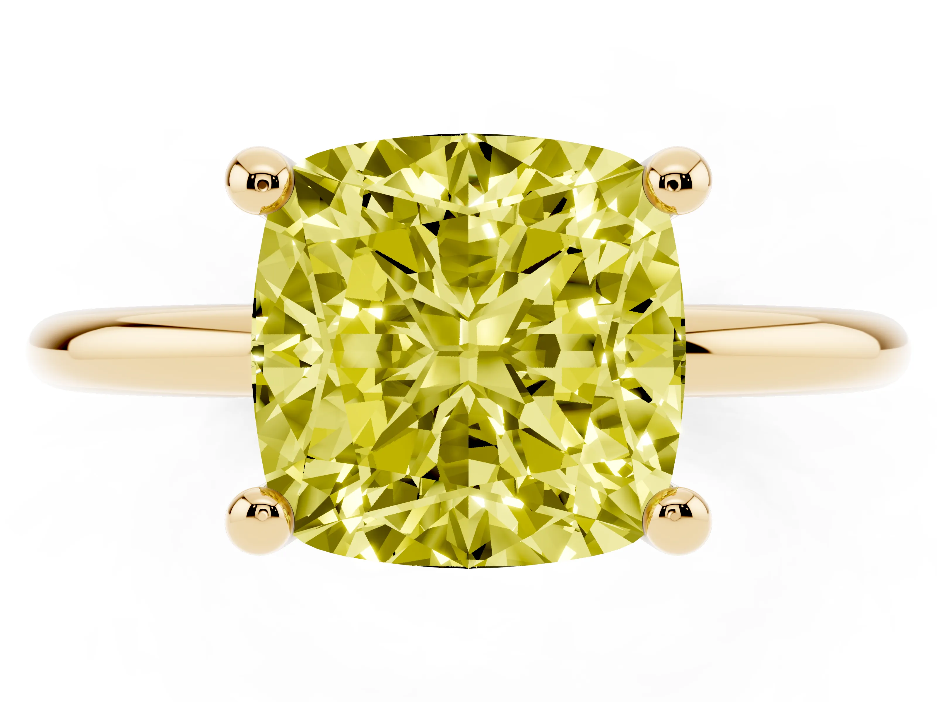Fancy Yellow Cushion Cut Diamond Solitaire Ring Set in Yellow gold with Secure Prong Setting on a Classic Band