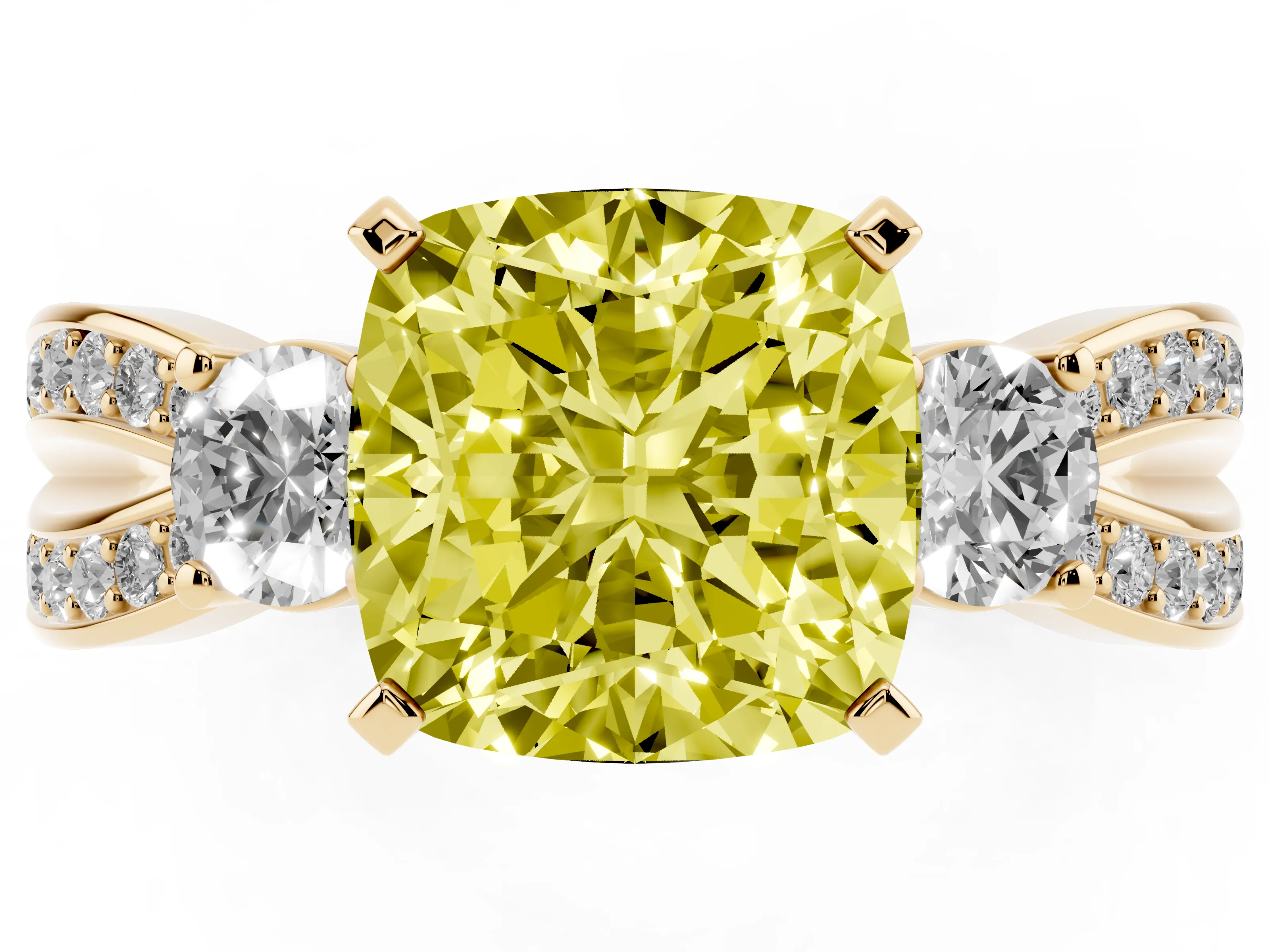 Fancy Yellow Three-Stone Cushion Cut Diamond Twist Band Ring Set in Yellow gold with Pavé Accents and Prong Setting