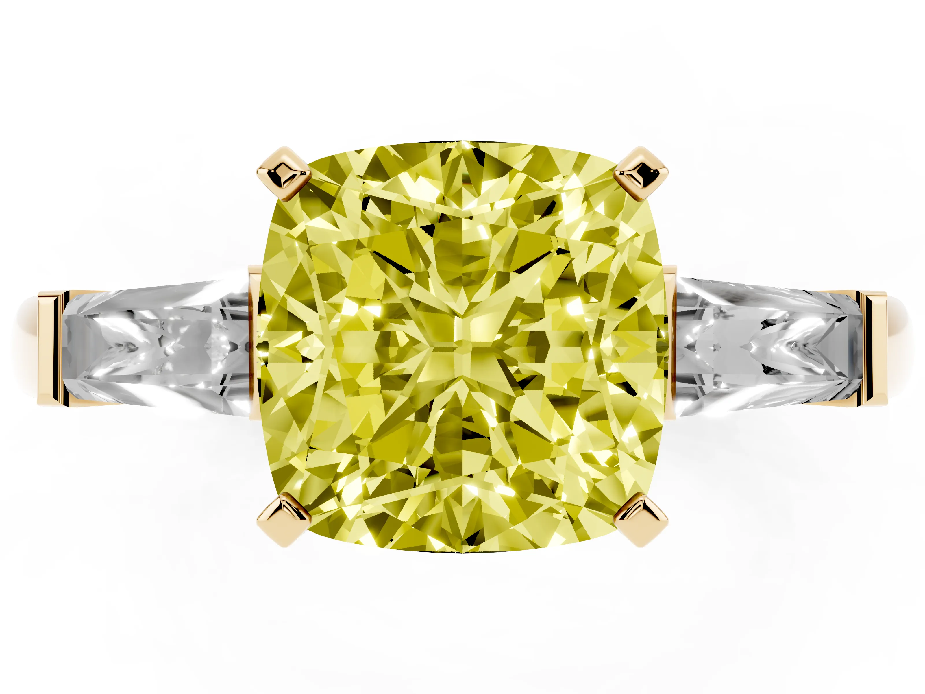 Fancy Yellow Cushion Cut Diamond Solitaire Ring Set in Yellow gold with Tapered Baguette Side Stones and Prong Setting