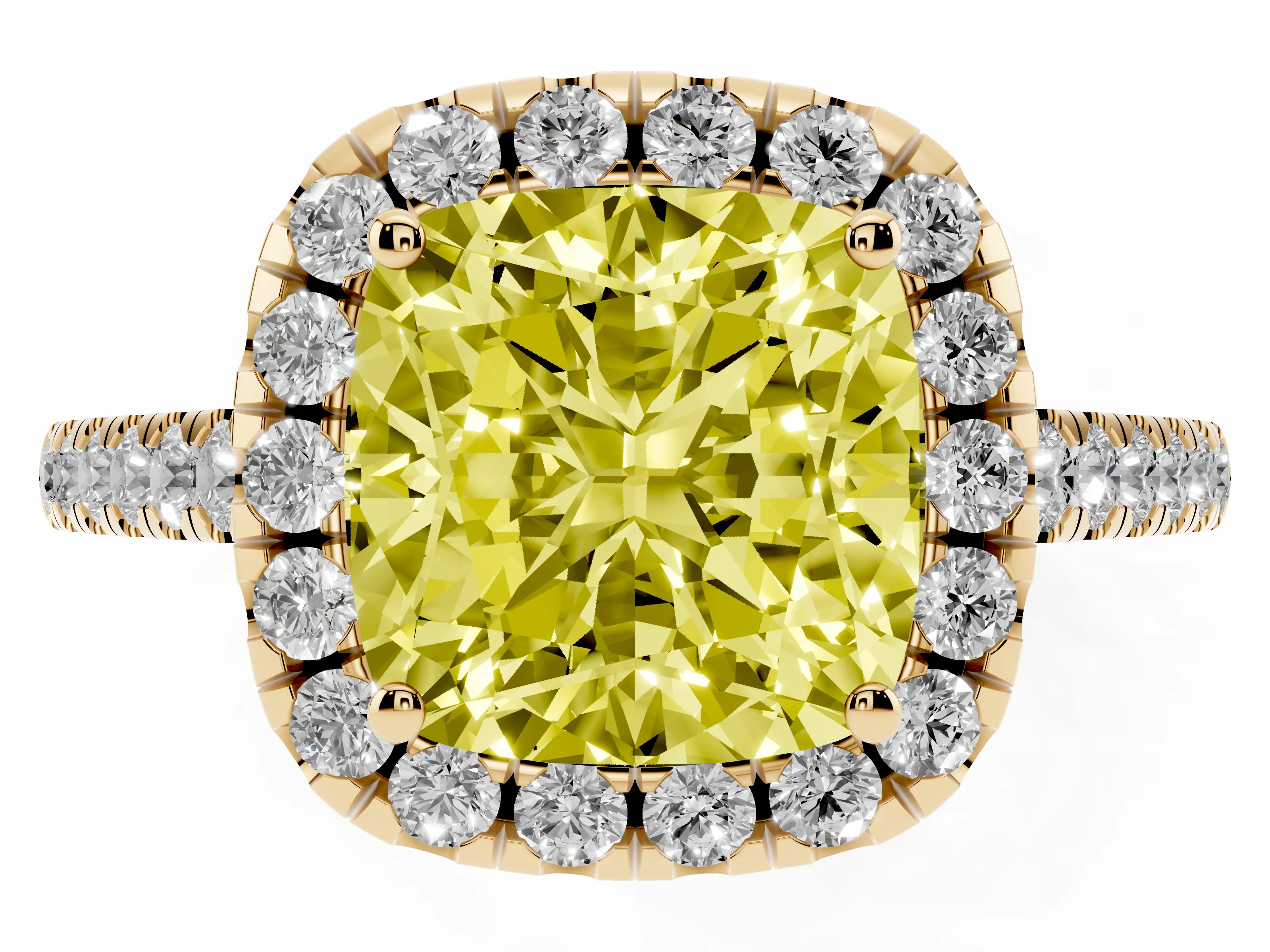 Fancy Yellow Cushion Cut Diamond Pavé Halo Engagement Ring Set in Yellow gold with Pavé Band and Prong Setting