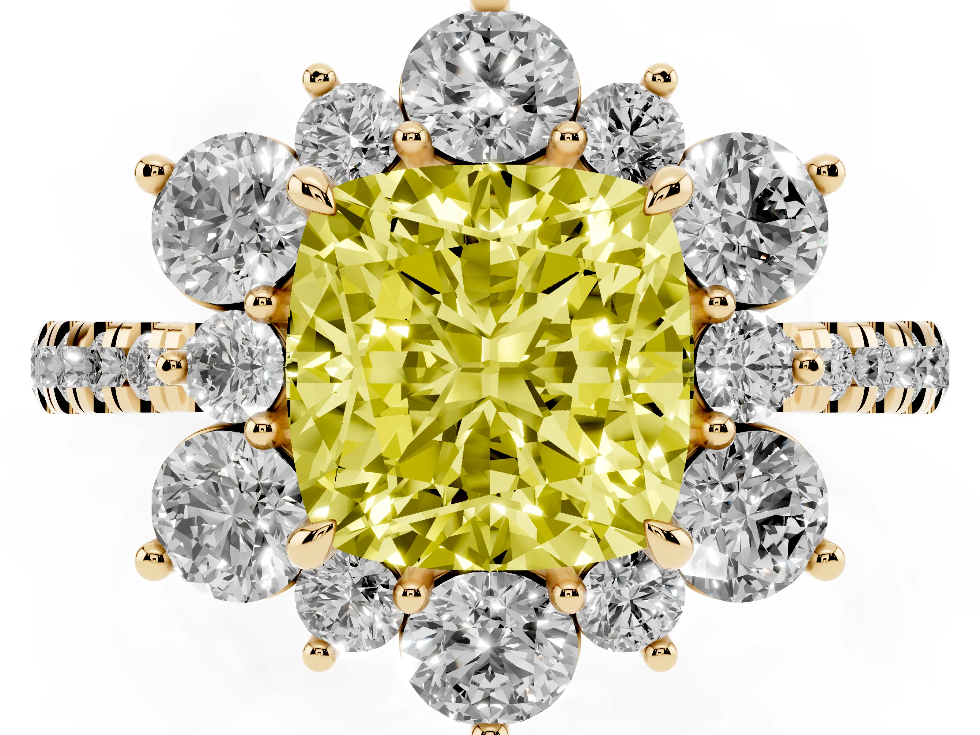 Fancy Yellow Cushion Cut Diamond Floral Halo Ring Set in Yellow gold with Round Pavé Band and Prong Setting