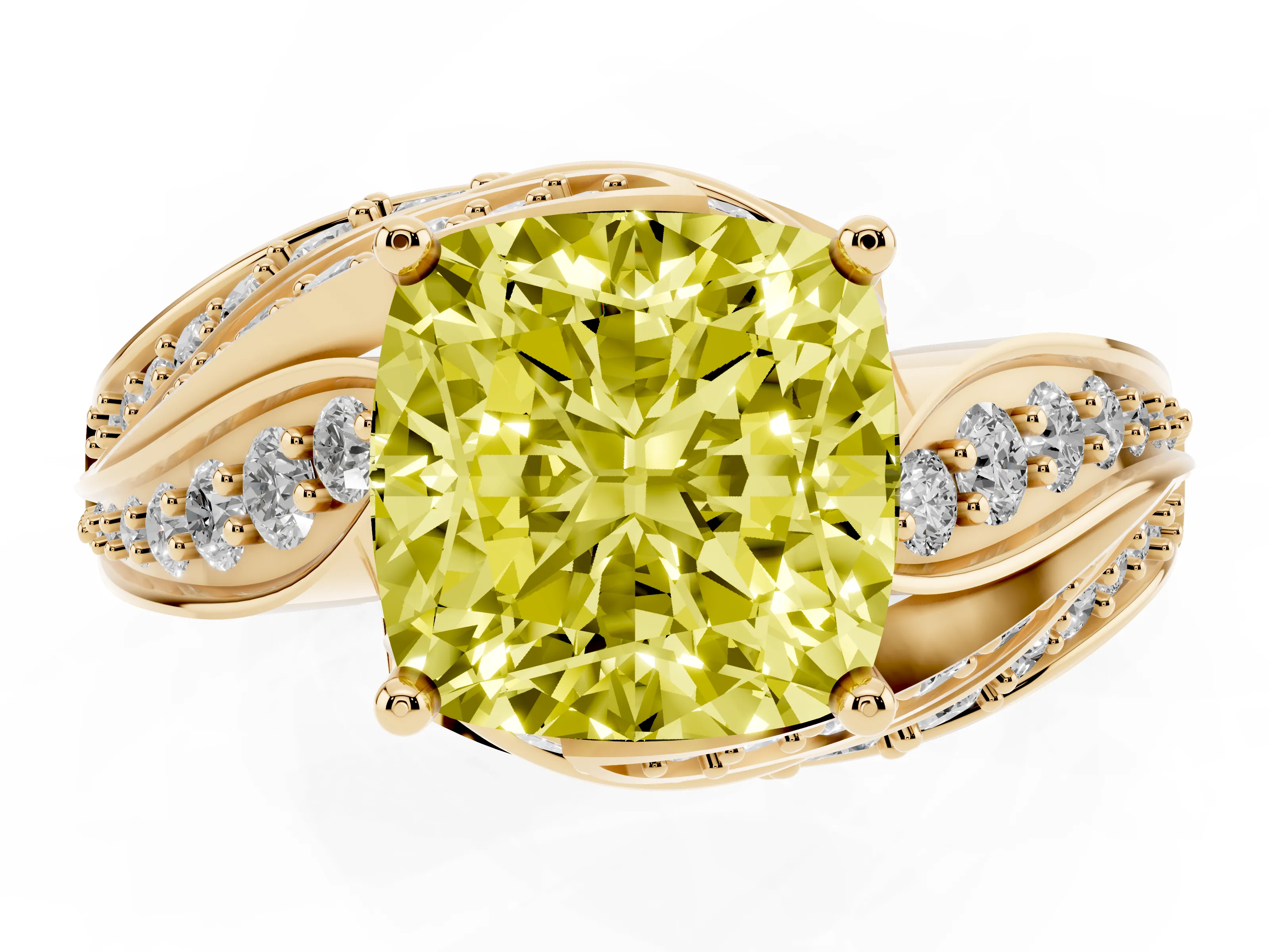 Fancy Yellow Cushion Cut Diamond Solitaire Ring Set in Yellow gold with Layered Twist Pavé Band