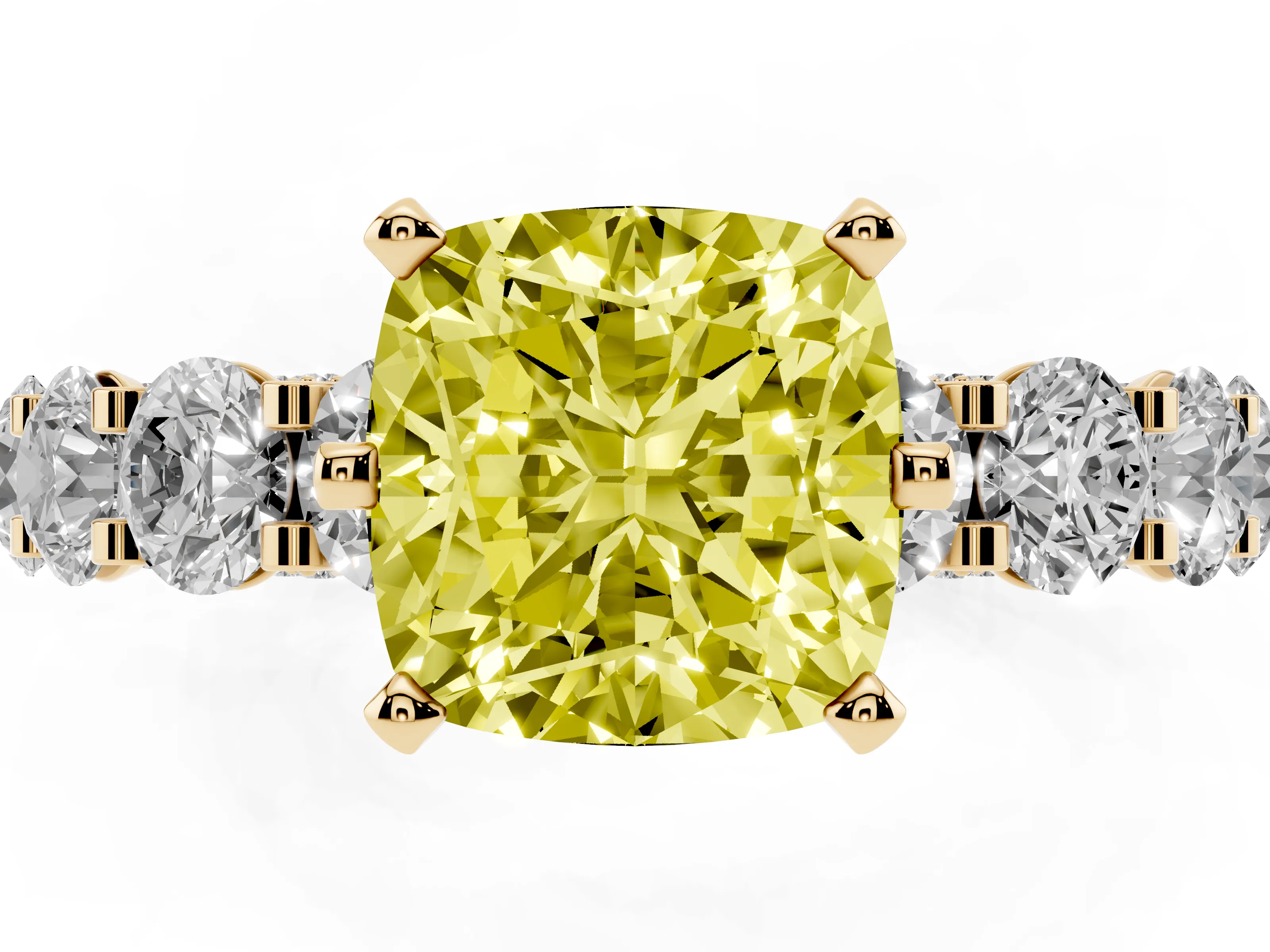 Fancy Yellow Cushion Cut Diamond Side Stone Ring Set in Yellow gold with Alternating Round and Oval Side Stones
