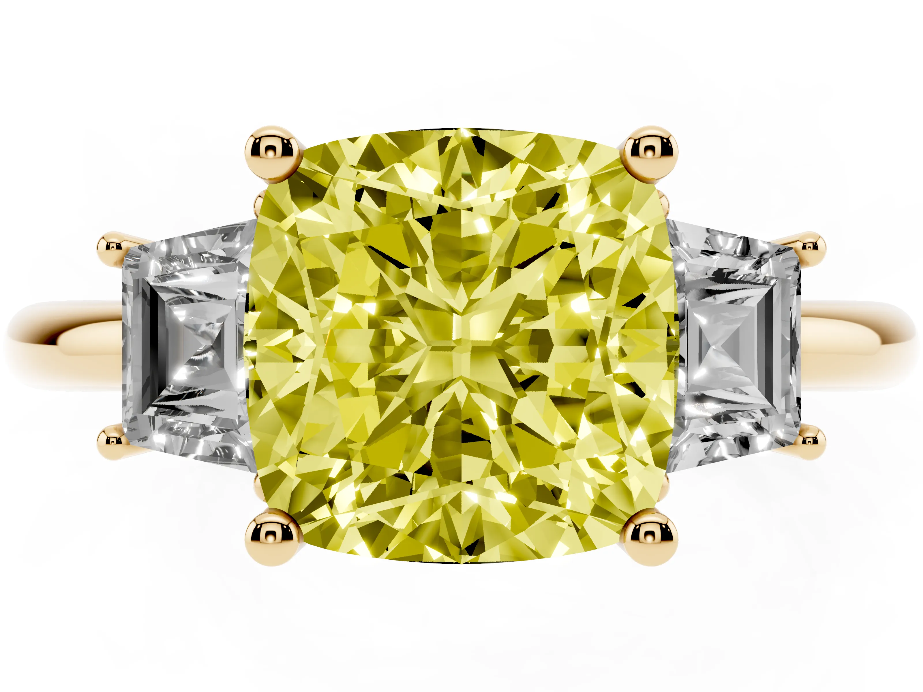 Fancy Yellow Cushion Cut Diamond Three-Stone Ring Set in Yellow gold with Trapezoid Side Stones and Prong Setting