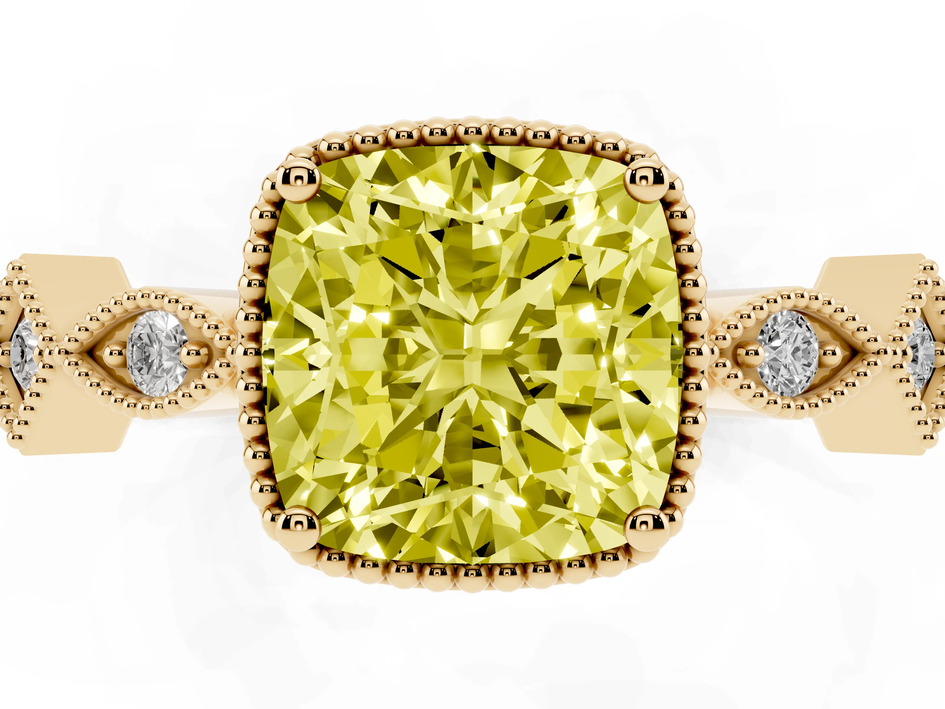 Fancy Yellow Cushion Cut Diamond Milgrain Marquise Twist Band Ring Set in Yellow gold with Prong Setting