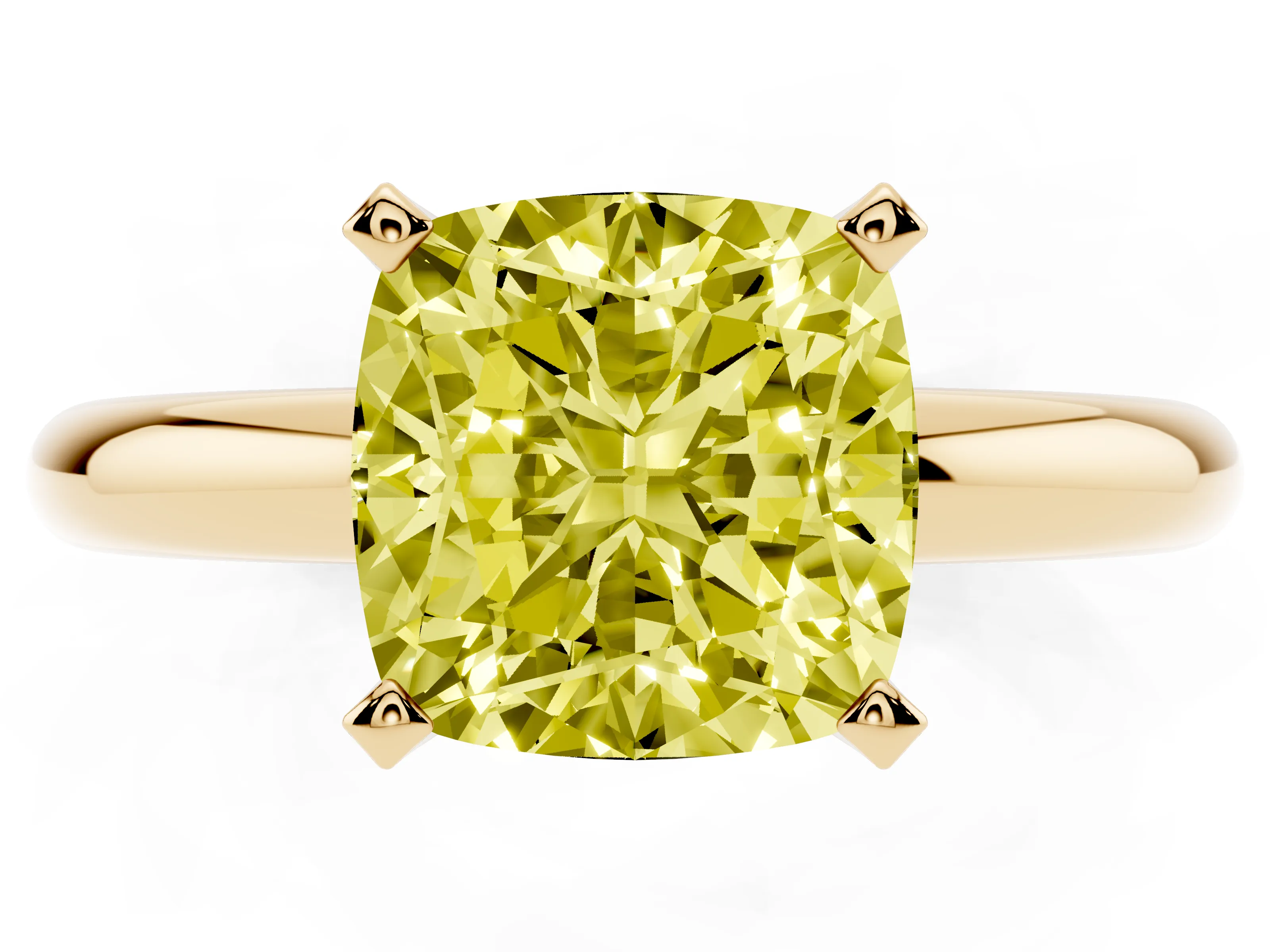 Fancy Yellow Cushion Cut Diamond Solitaire Engagement Ring Set in Yellow gold with Round Band and Prong Setting