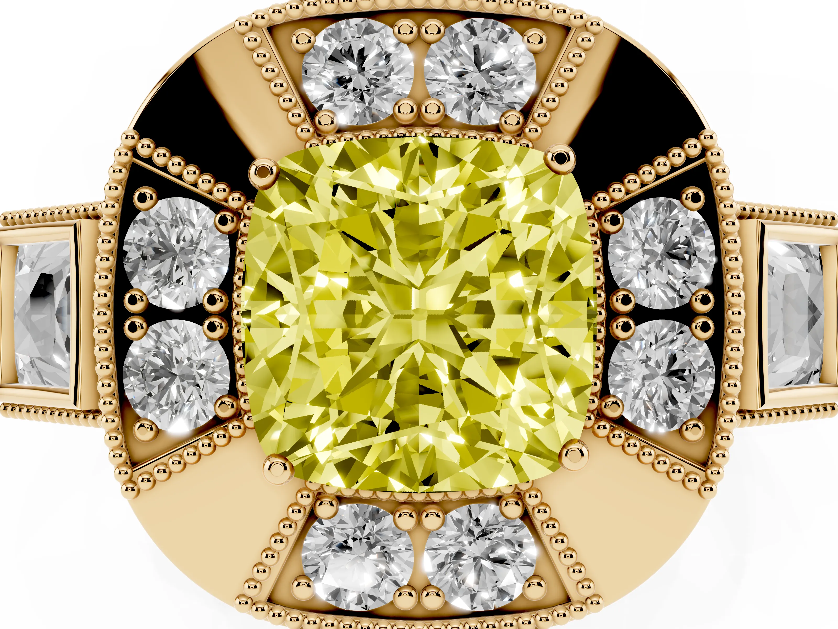 Fancy Yellow Cushion Cut Diamond Milgrain Halo Ring Set in Yellow gold with Split Shank