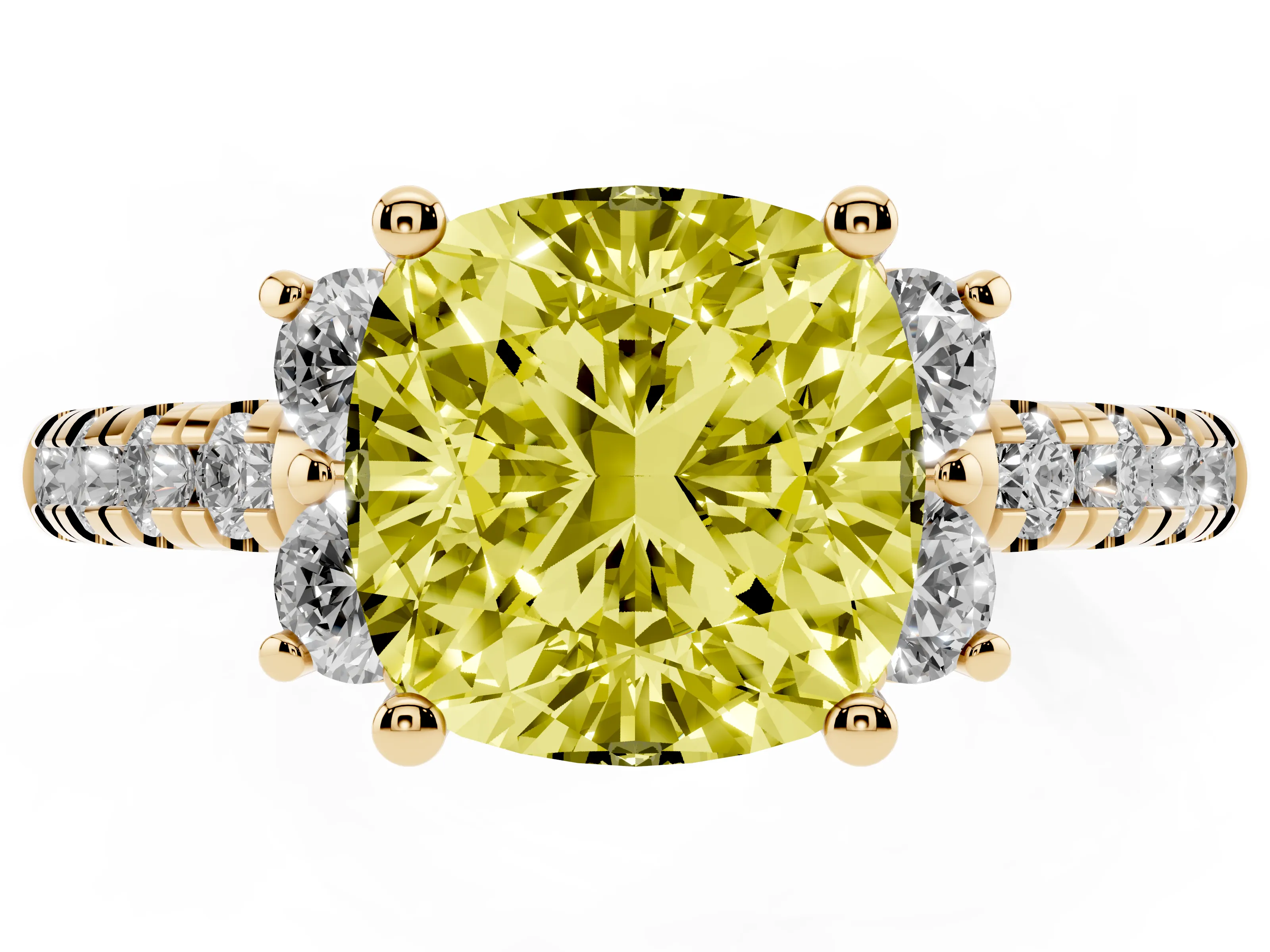 Fancy Yellow Cushion Cut Diamond Three-Stone Pavé Ring Set in Yellow gold with Prong Setting