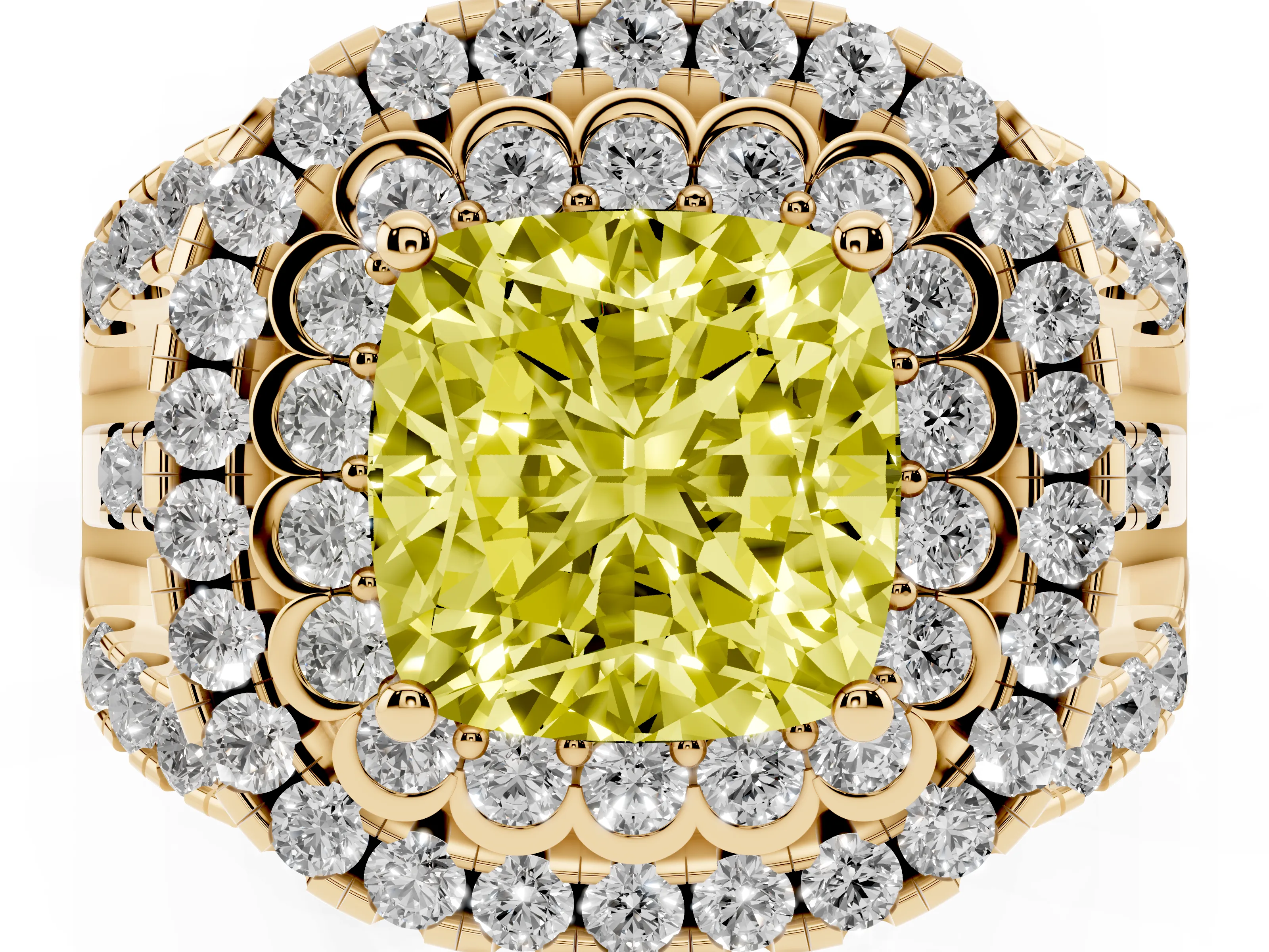 Fancy Yellow Cushion Cut Diamond Double Halo Ring Set in Yellow gold with Round Pavé Split Shank
