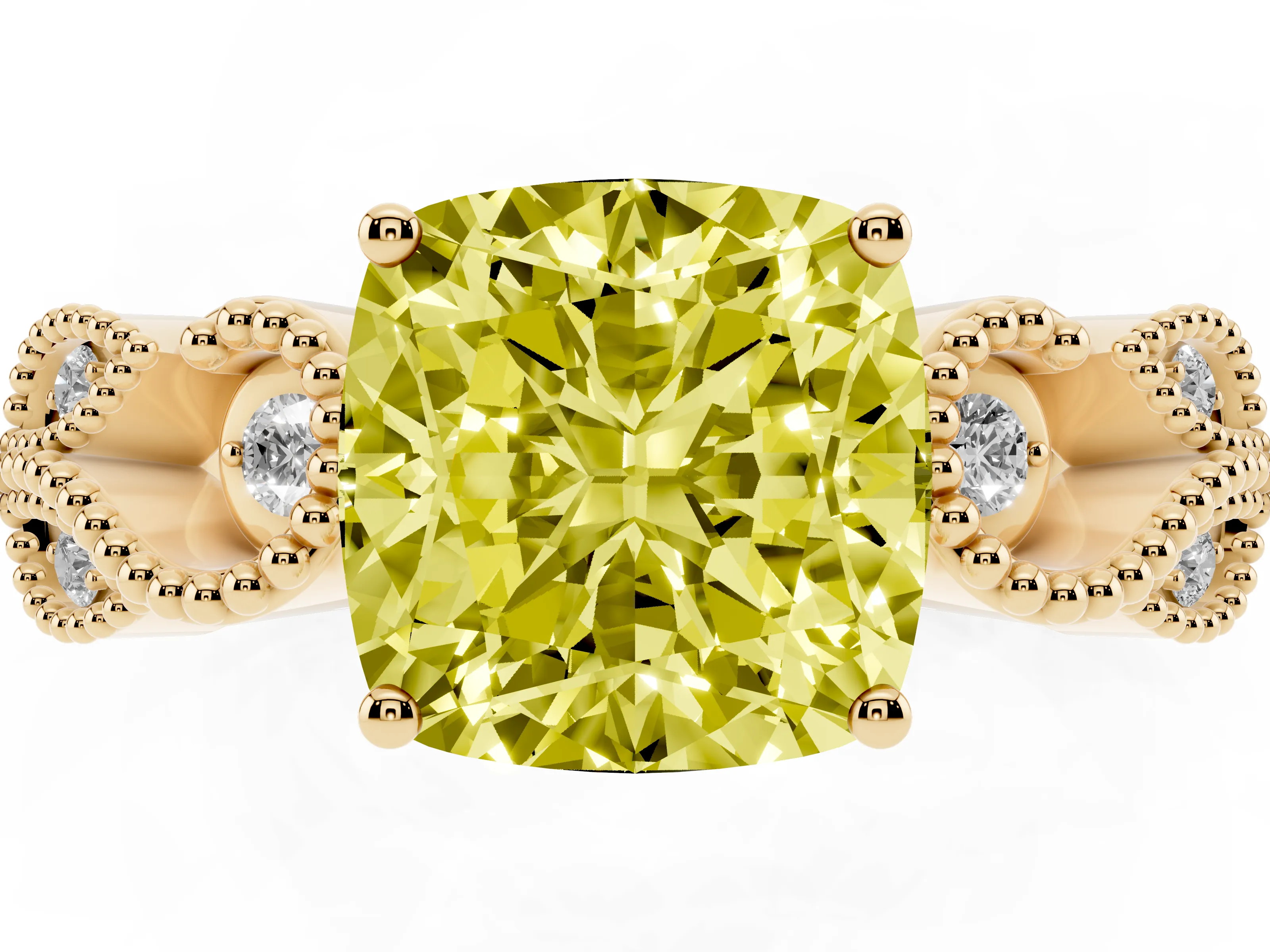 Fancy Yellow Cushion Cut Diamond Milgrain Leaf Band Solitaire Ring Set in Yellow gold with Accent Stones and Prong Setting