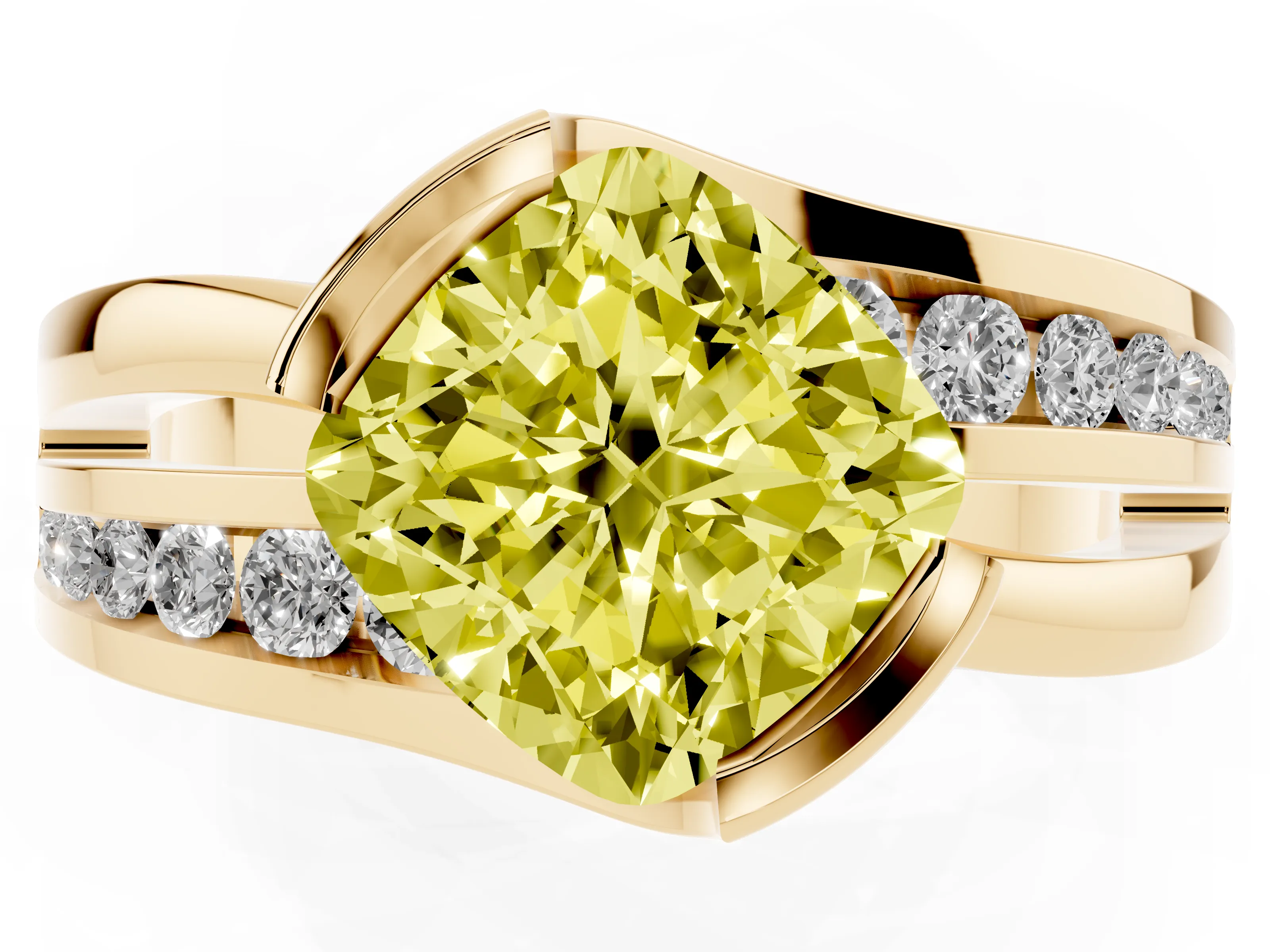 Fancy Yellow Cushion Cut Diamond Solitaire Ring Set in Yellow gold with Channel Set Split Shank and Tension Prongs