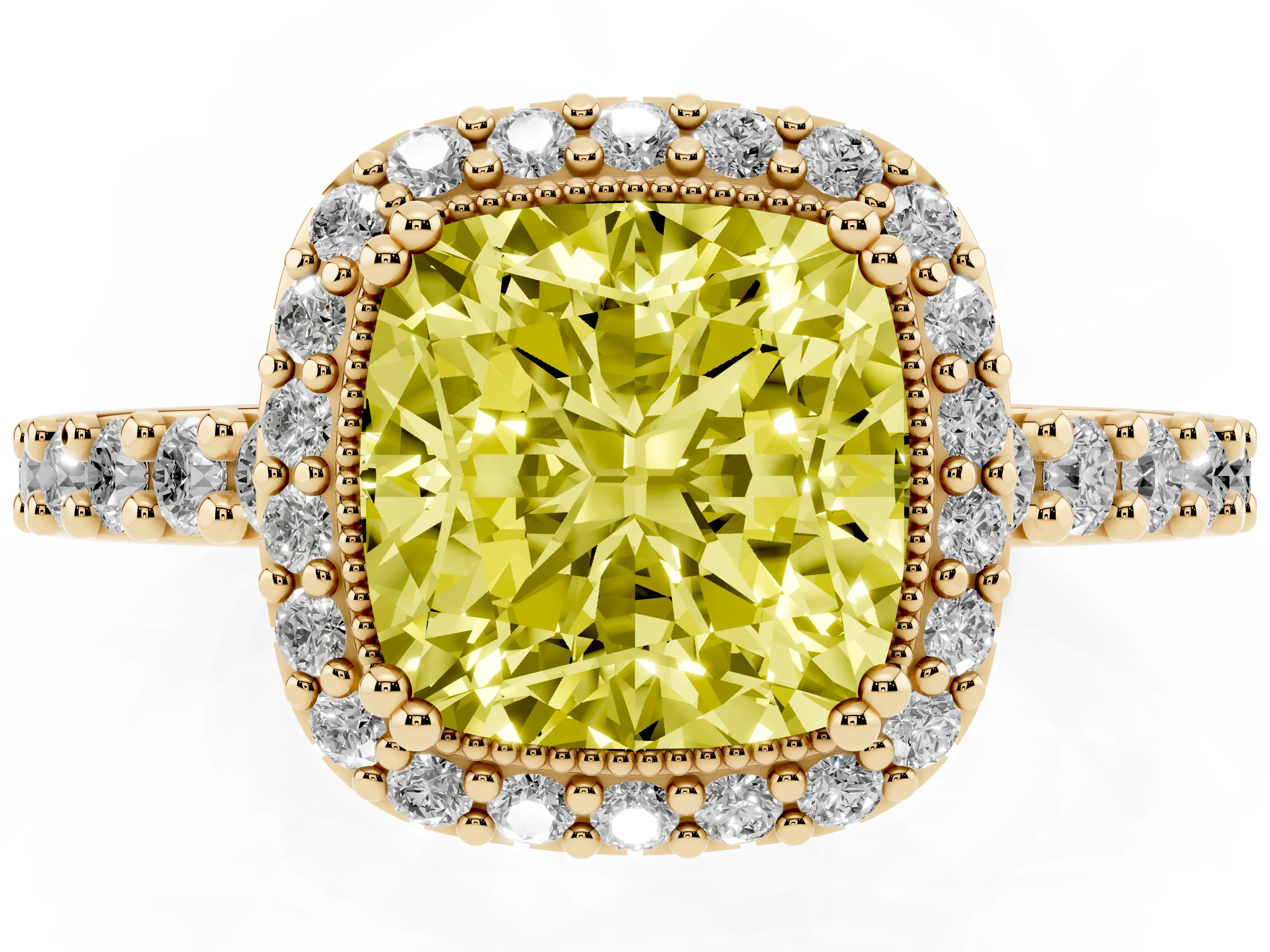 Fancy Yellow Cushion Cut Diamond Halo Engagement Ring Set in Yellow gold with Milgrain Detail and Pavé Band