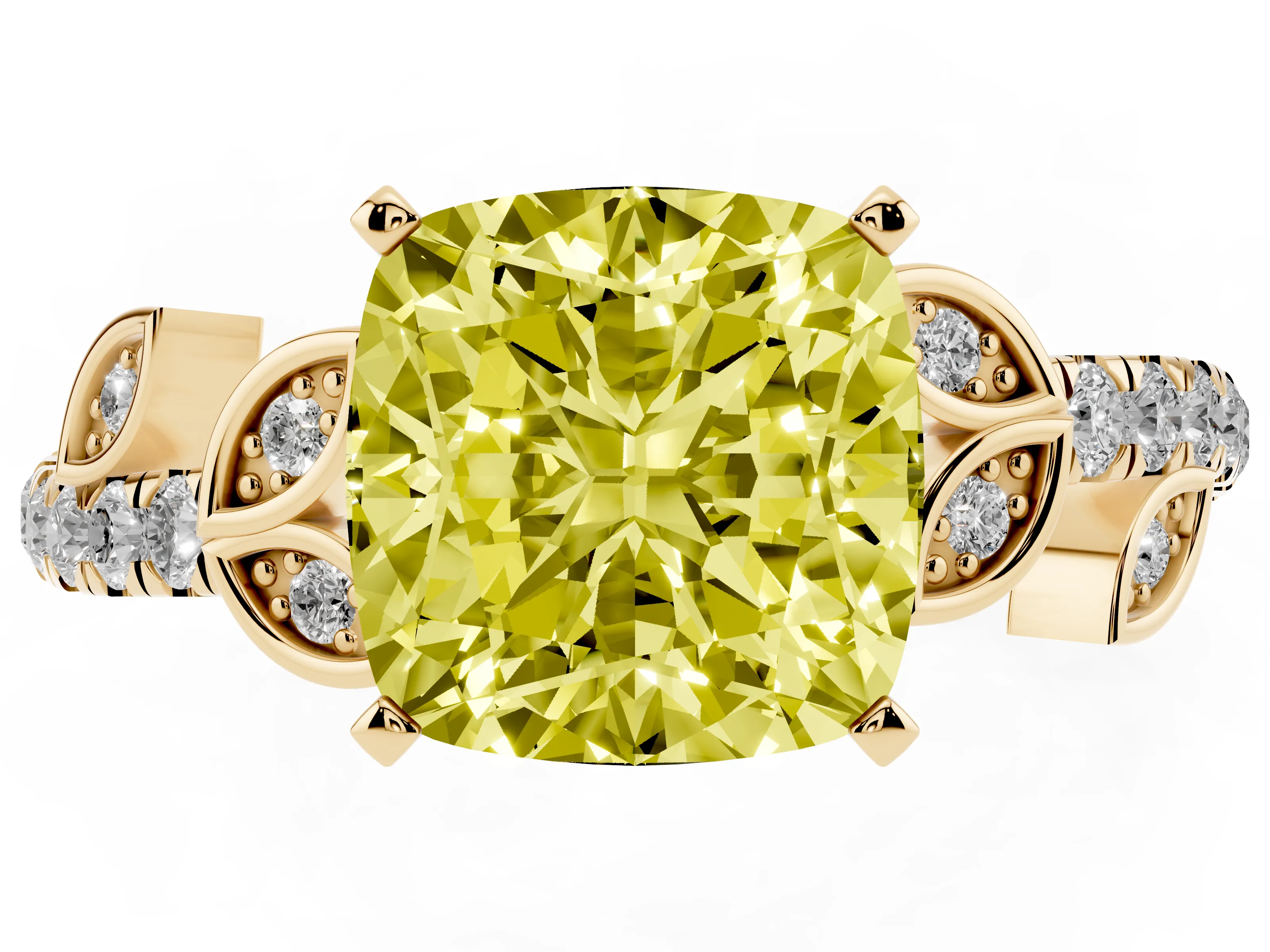 Fancy Yellow Cushion Cut Diamond Solitaire Leaf-Inspired Ring Set in Yellow gold with Pavé Band and Prong Setting