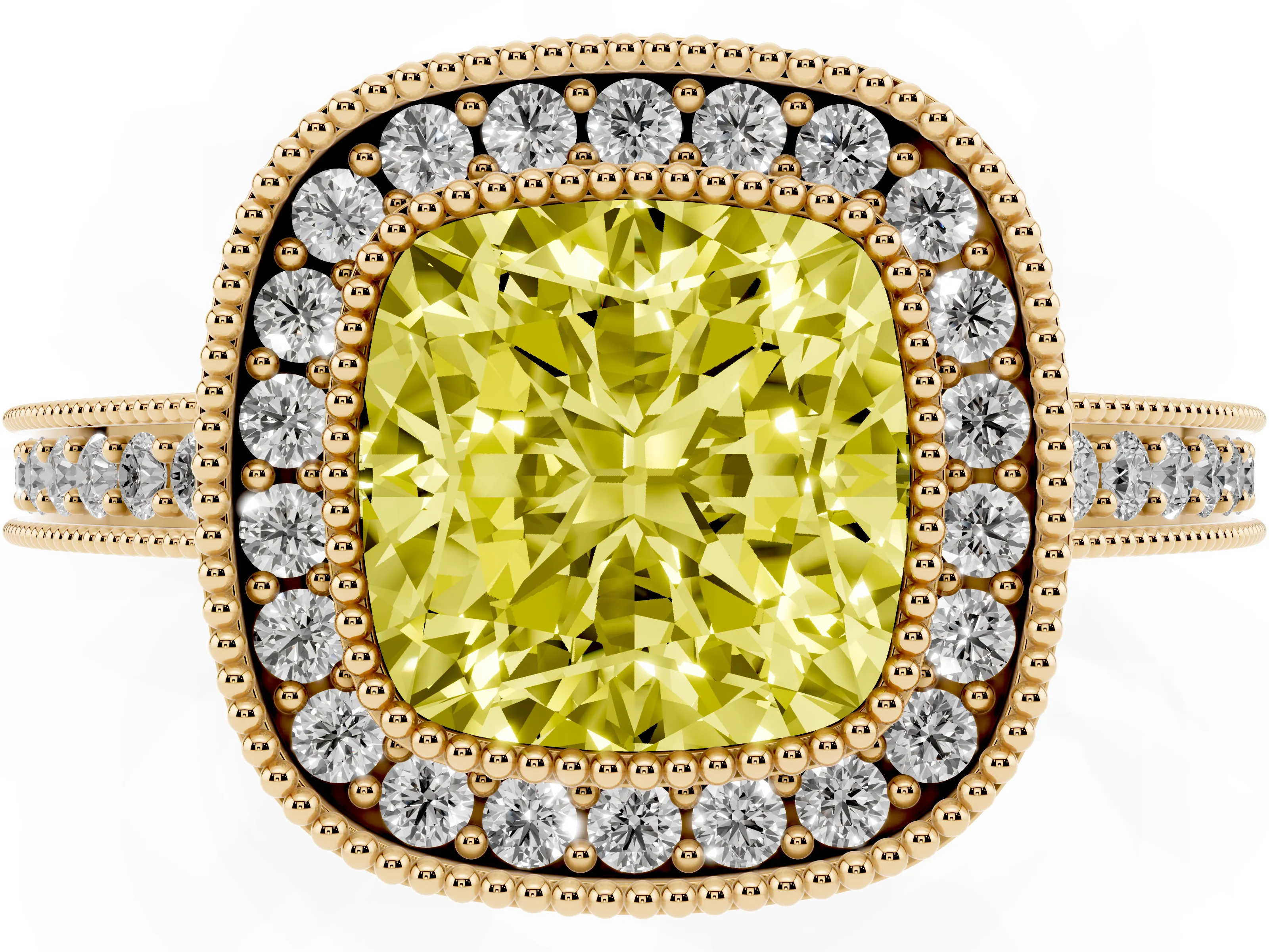 Fancy Yellow Cushion Cut Diamond Round Halo Ring Set in Yellow gold with Pavé Band