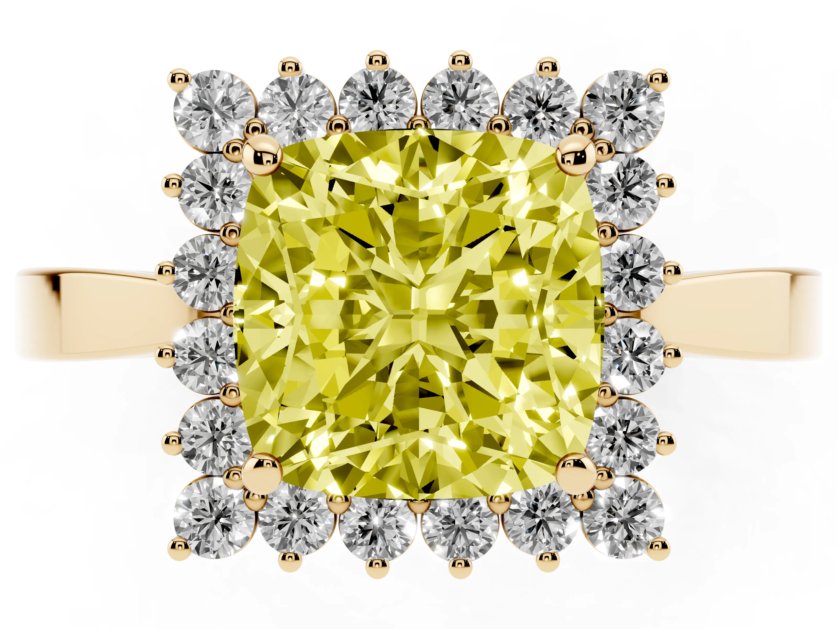 Fancy Yellow Cushion Cut Diamond Halo Ring Set in Yellow gold with Round Halo and Smooth Solitaire Band