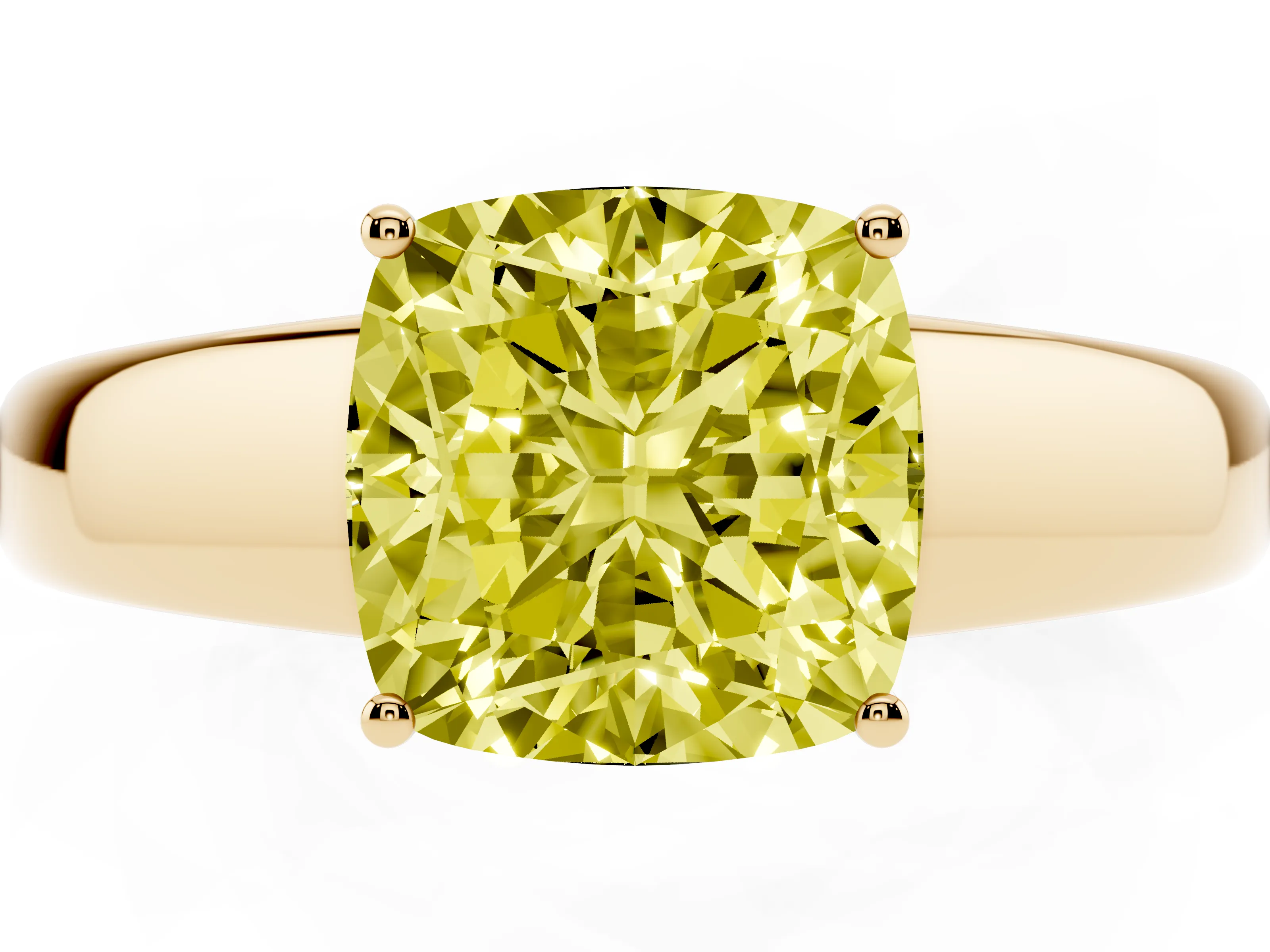 Fancy Yellow Cushion Cut Diamond Solitaire Ring Set in Yellow gold with Tapered Band and Prong Setting