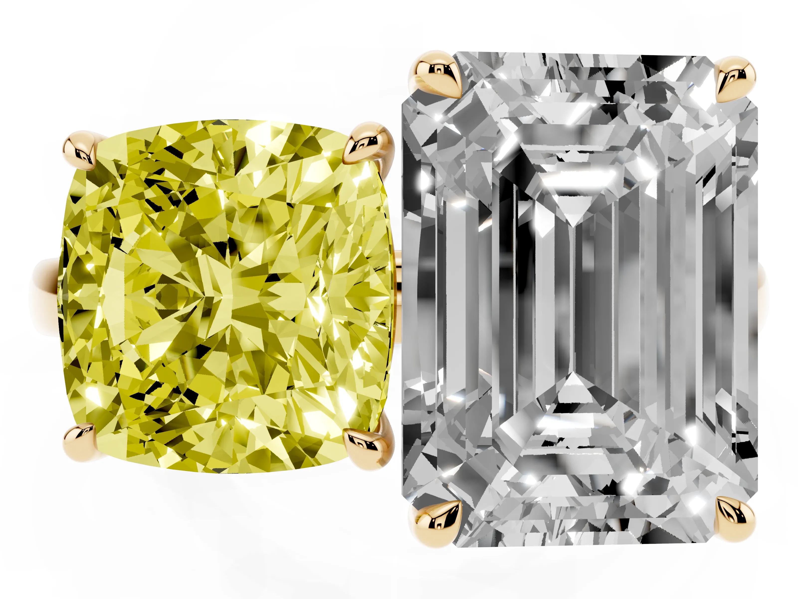 Fancy Yellow Cushion Cut and Emerald Cut Toi Moi Ring Set in Yellow gold with Prong Setting