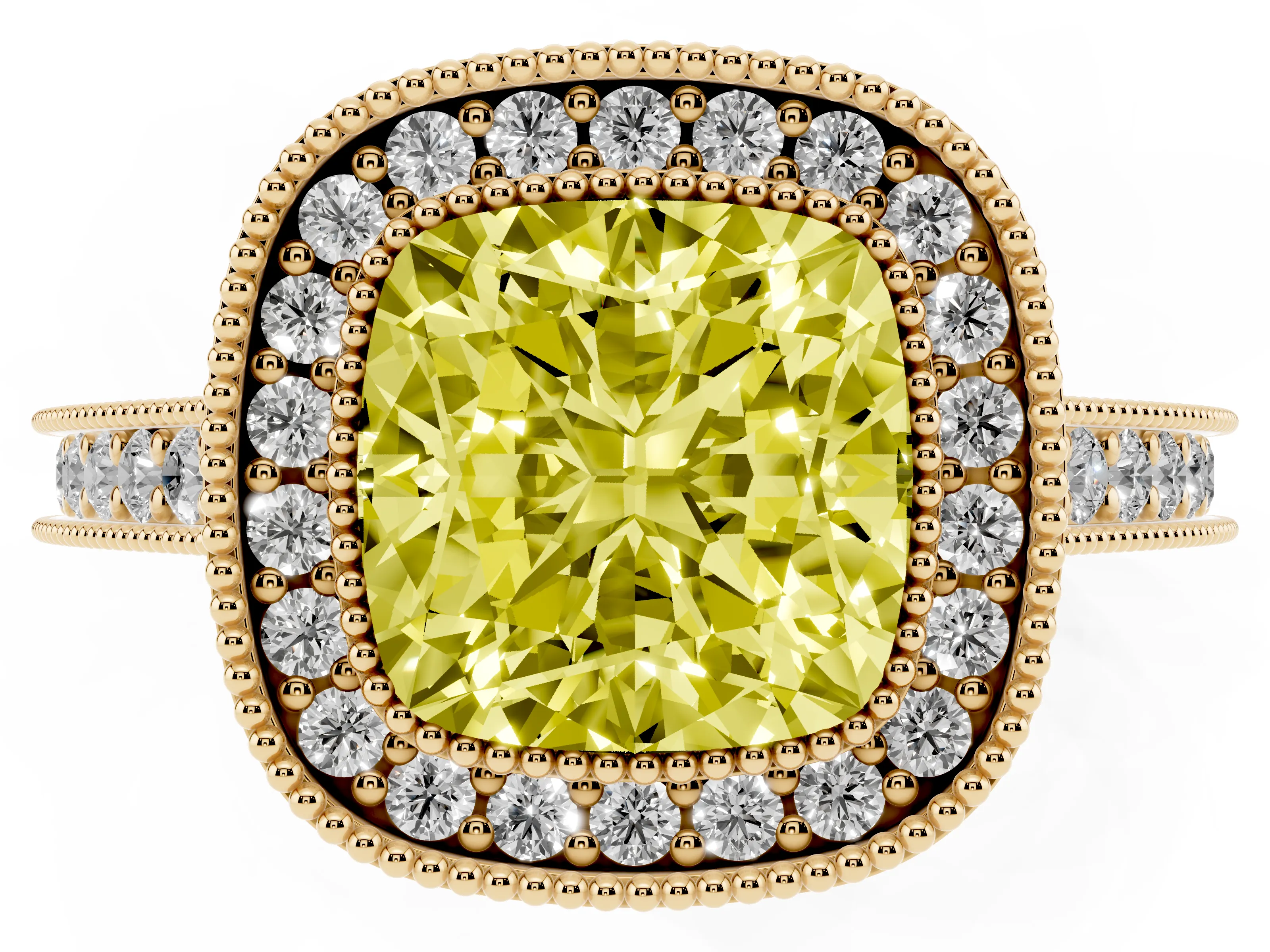 Fancy Yellow Cushion Cut Diamond Halo Milgrain Pavé Band Ring Set in Yellow gold with Prong Setting