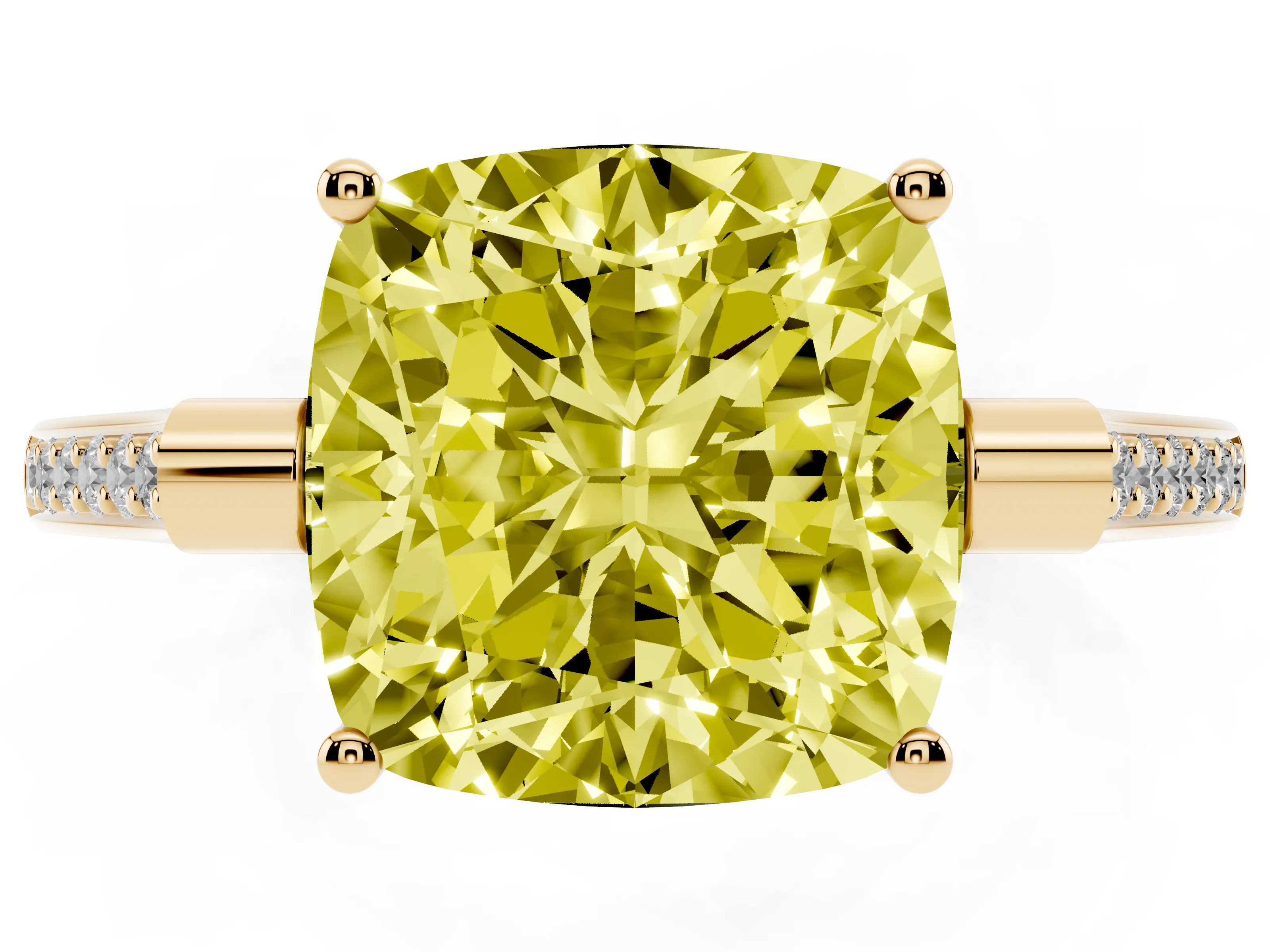 Fancy Yellow Cushion Cut Diamond Solitaire Ring Set in Yellow gold with Channel Set Band and Bezel Prong Setting