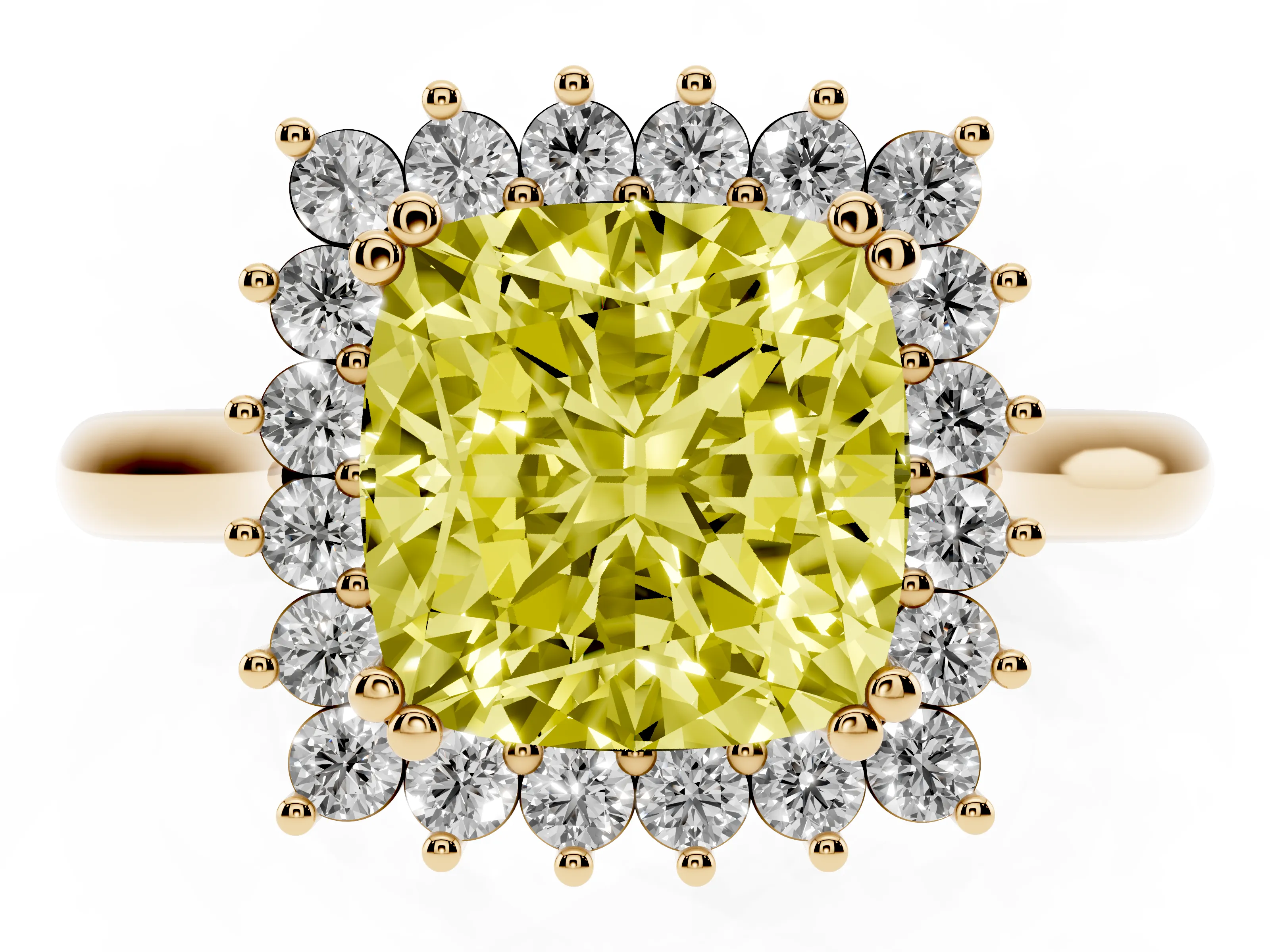 Fancy Yellow Cushion Cut Diamond Halo Ring Set in Yellow gold with Plain Solitaire Band and Prong Setting