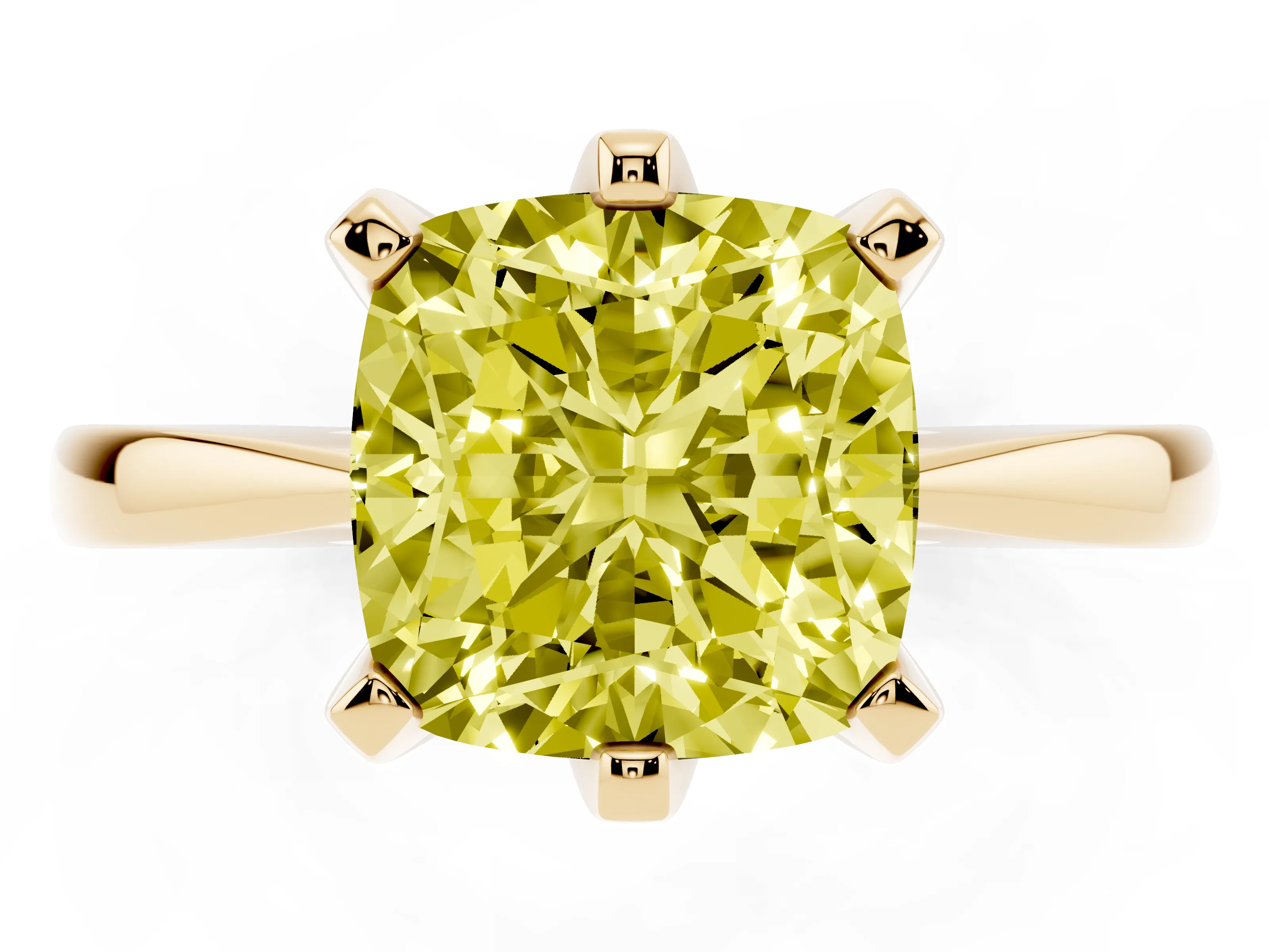 Fancy Yellow Cushion Cut Diamond Solitaire Engagement Ring Set in Yellow gold with Slim Tapered Solitaire Band