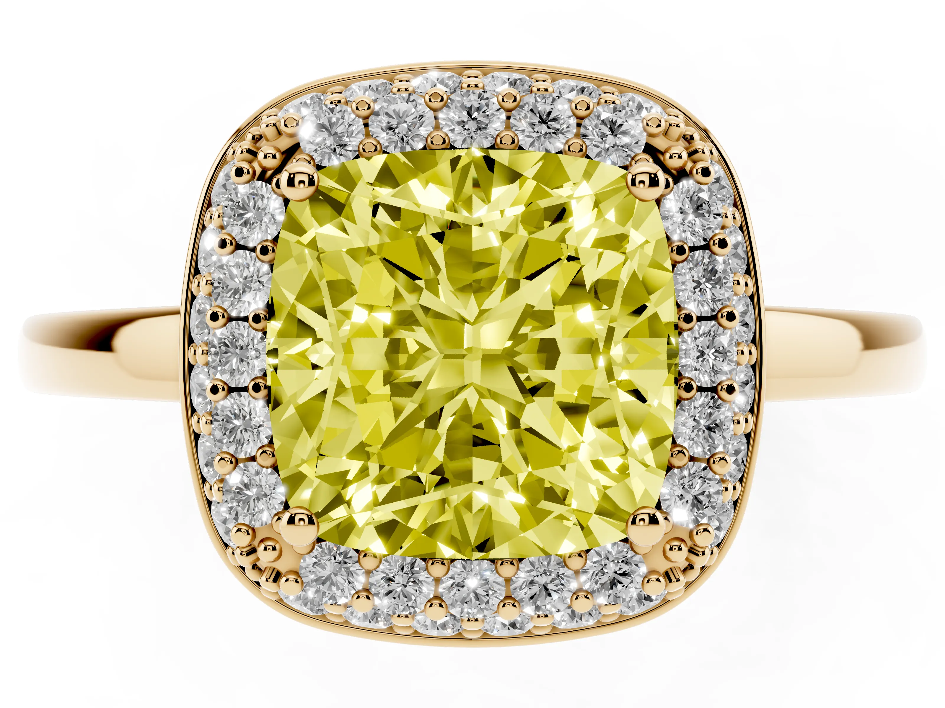 Fancy Yellow Cushion Cut Diamond Halo Engagement Ring Set in Yellow gold with Solitaire Band and Prong Setting