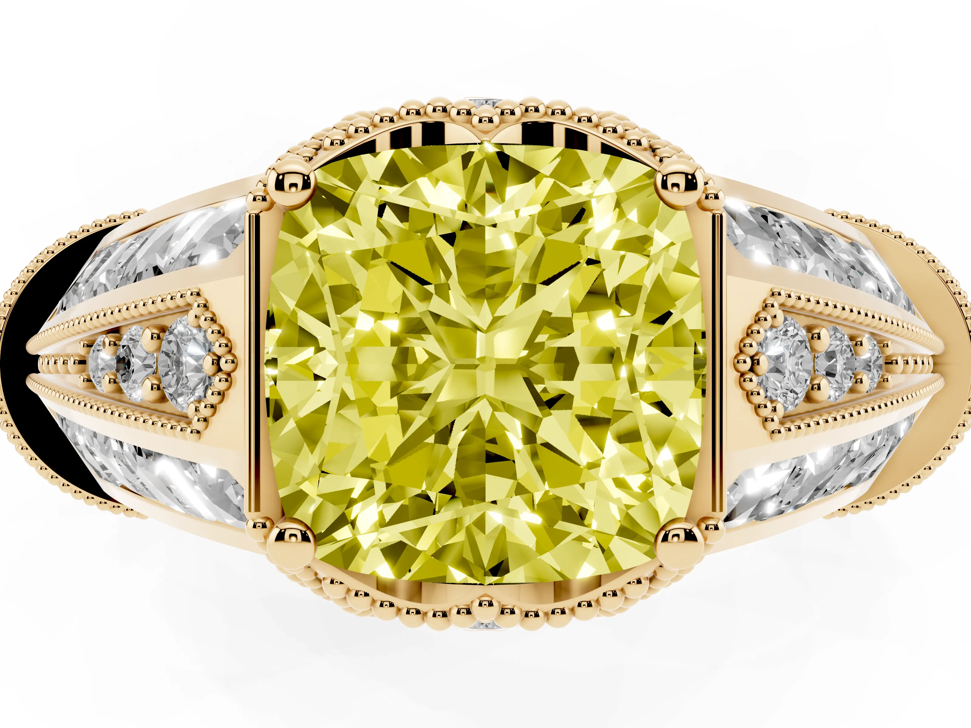Fancy Yellow Cushion Cut Diamond Vintage-Inspired Milgrain Ring Set in Yellow gold with Accent Split Shank