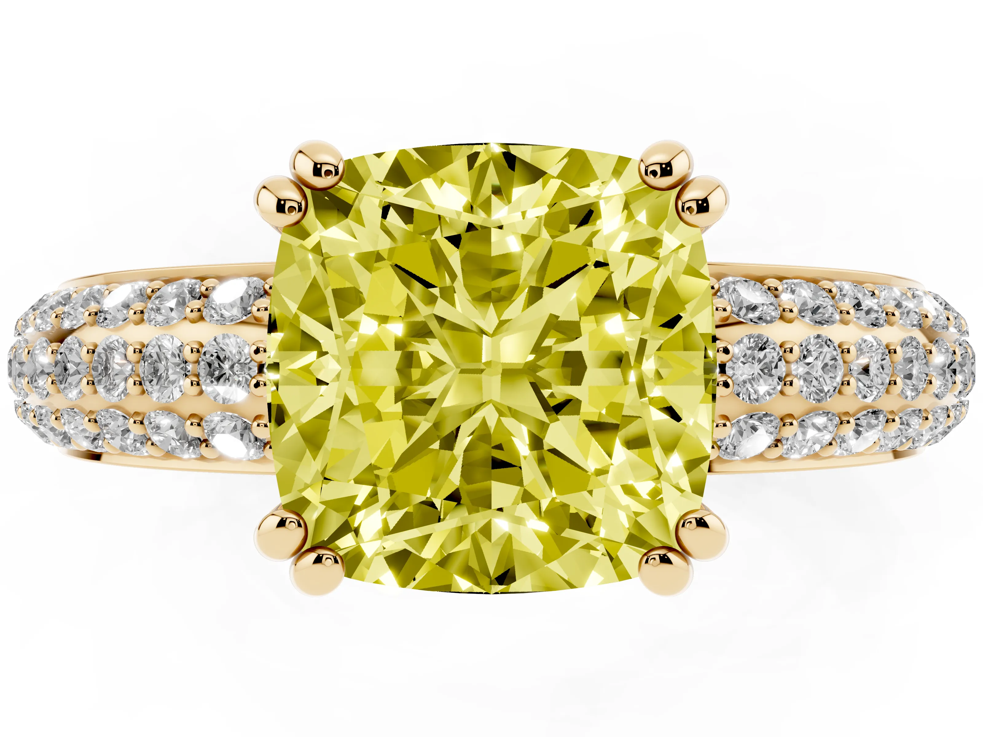Fancy Yellow Cushion Cut Diamond Solitaire Ring Set in Yellow gold with Multi-Row Round Pavé Band and Prong Setting