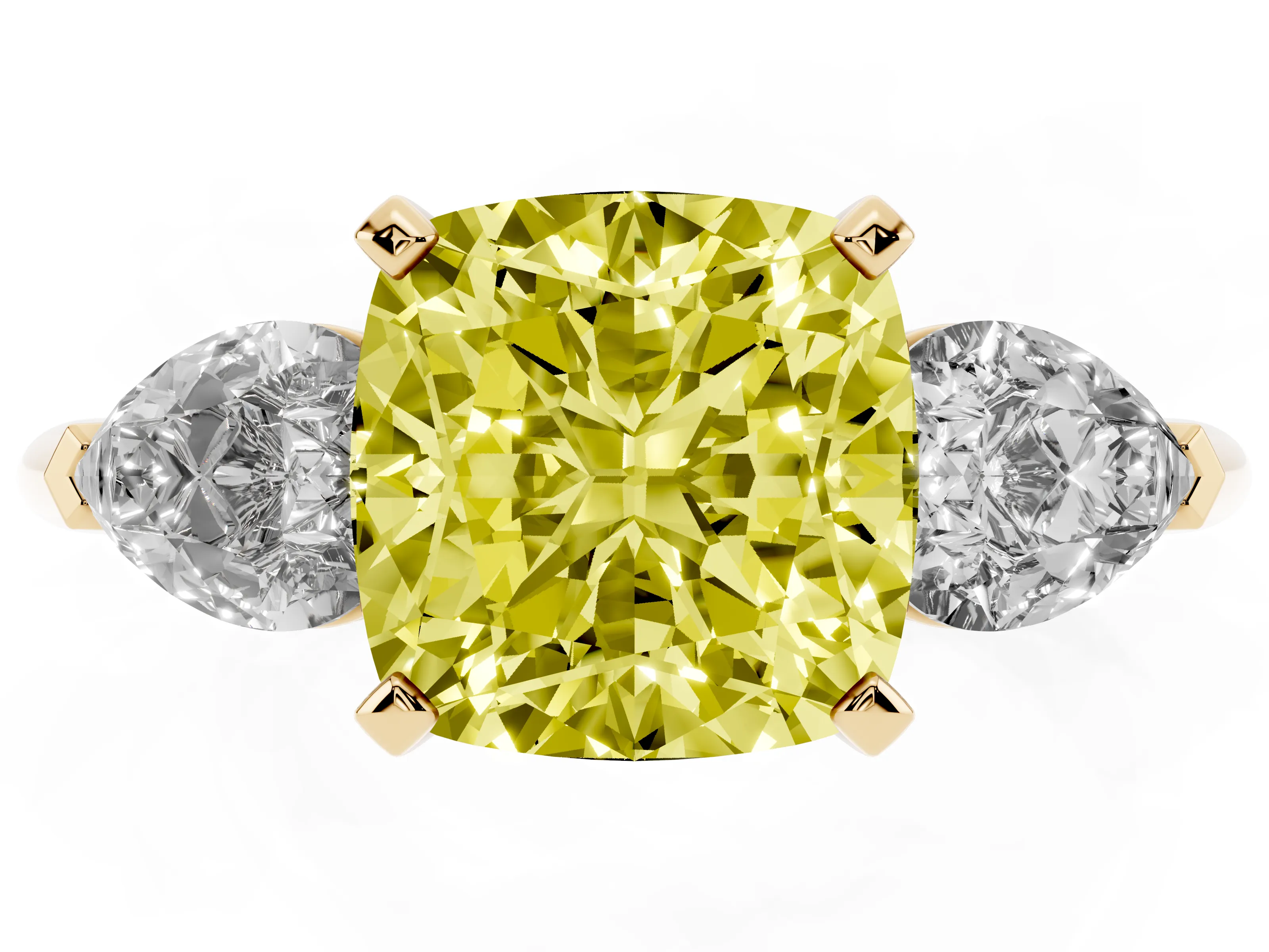Fancy Yellow Three-Stone Cushion Cut Diamond Ring Set in Yellow gold with Pear Side Stones and Prong Setting