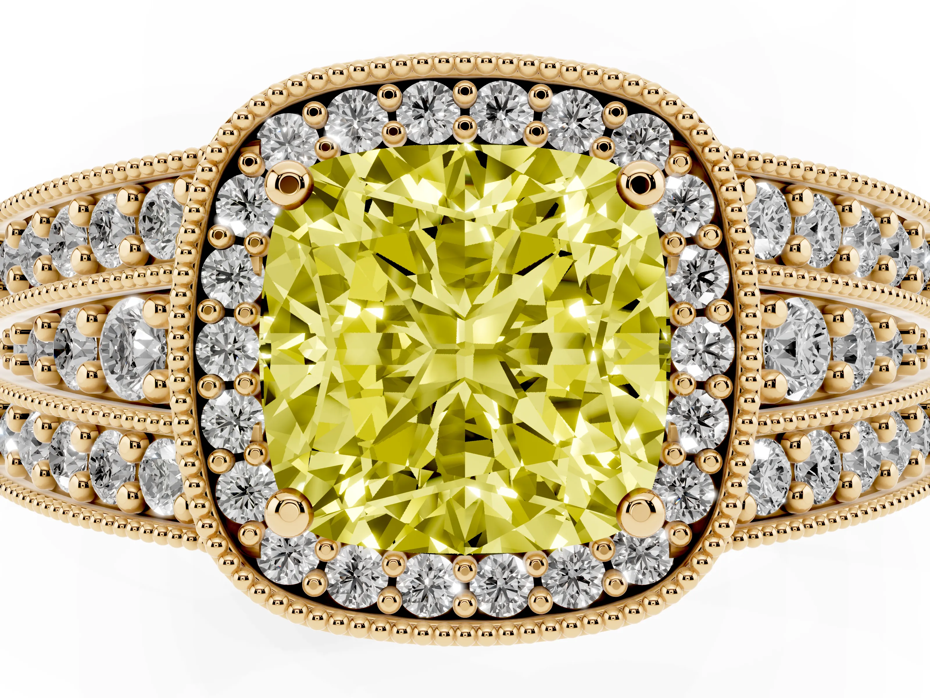 Fancy Yellow Cushion Cut Diamond Halo Ring Set in Yellow gold with Accent Split Shank and Prong Setting