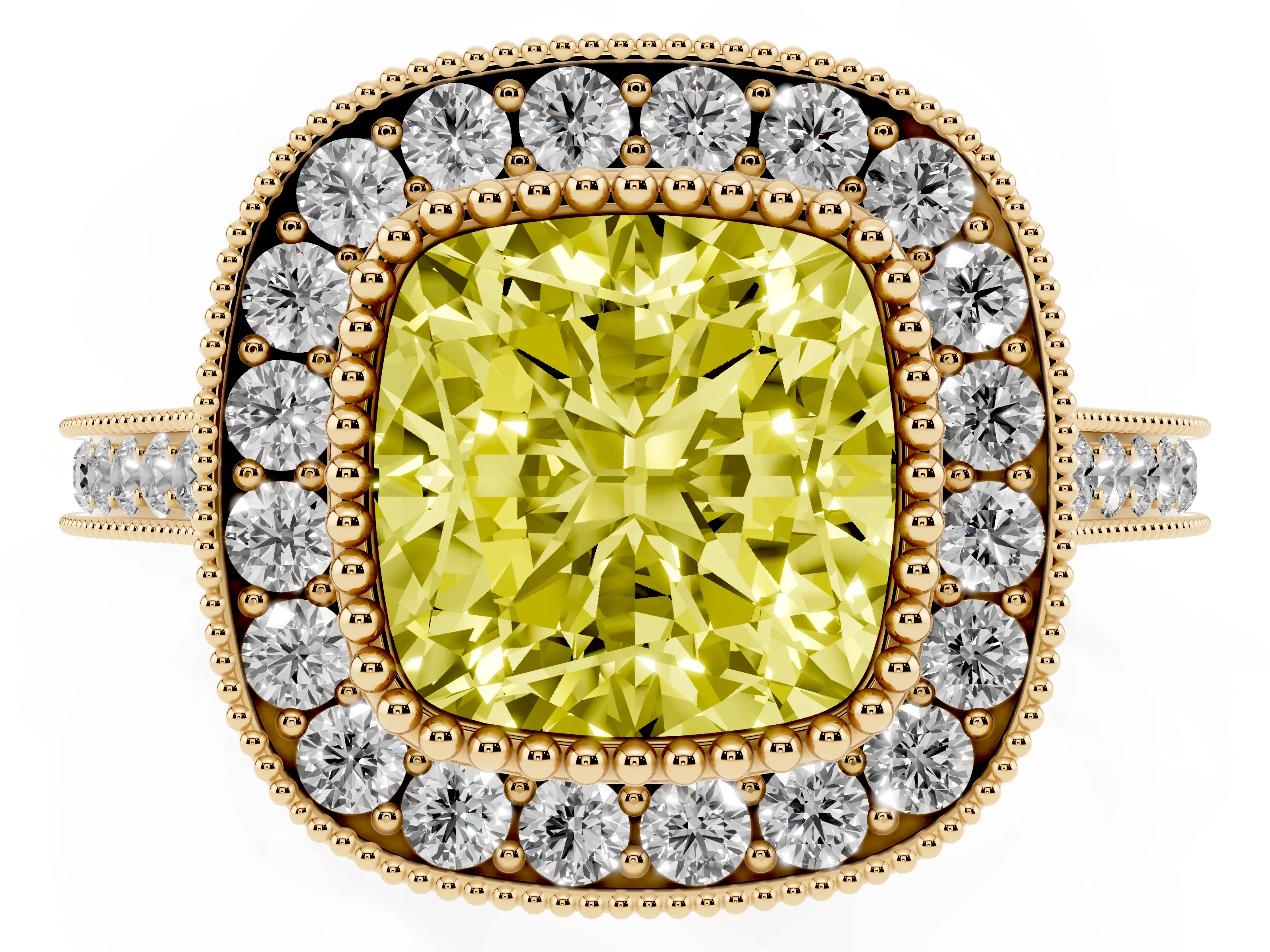 Fancy Yellow Cushion Cut Diamond Halo Ring Set in Yellow gold with Milgrain Frame and Pavé Band