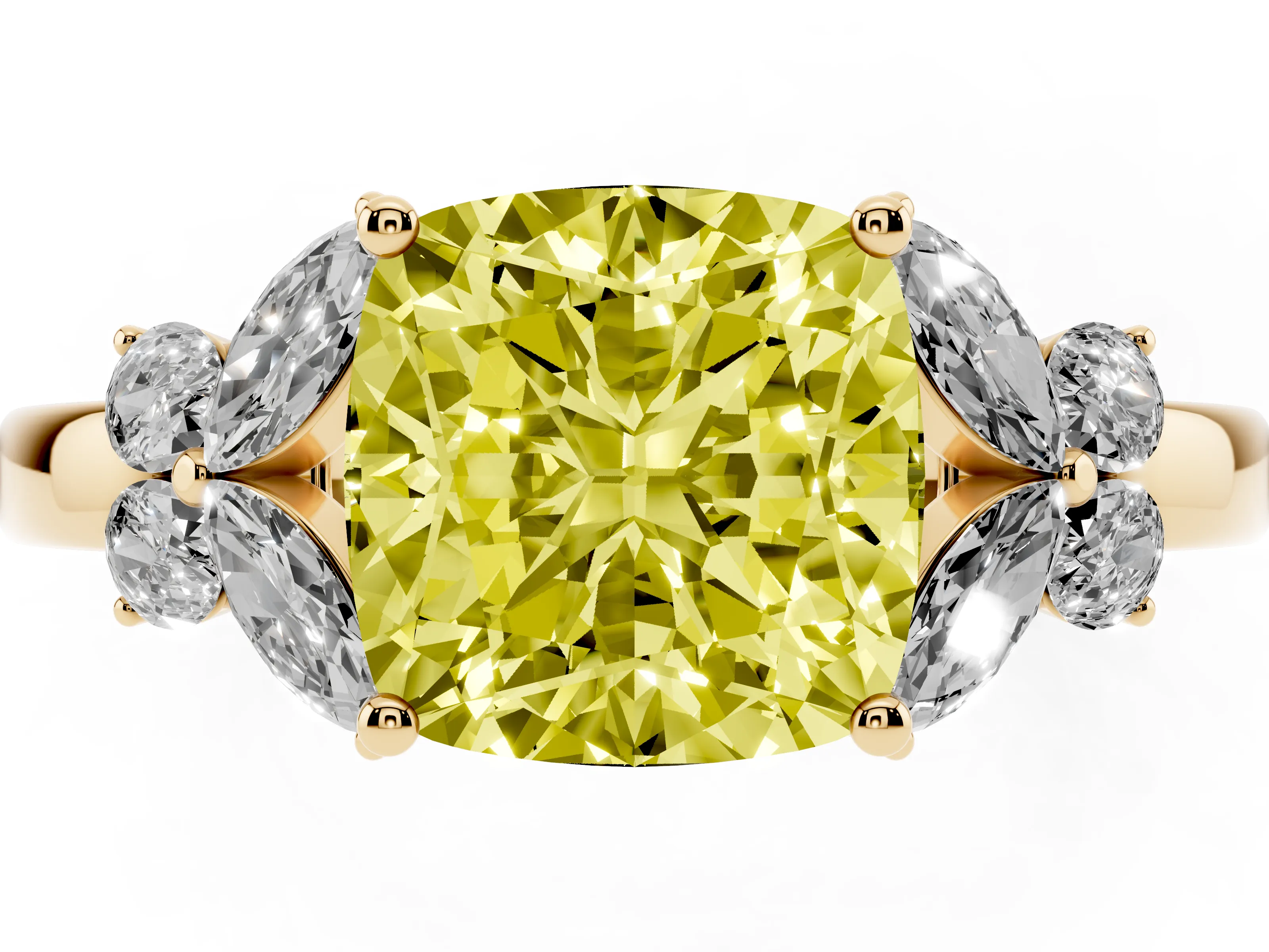 Fancy Yellow Cushion Cut Diamond Solitaire Floral Ring Set in Yellow gold with Marquise Petals and Prong Setting