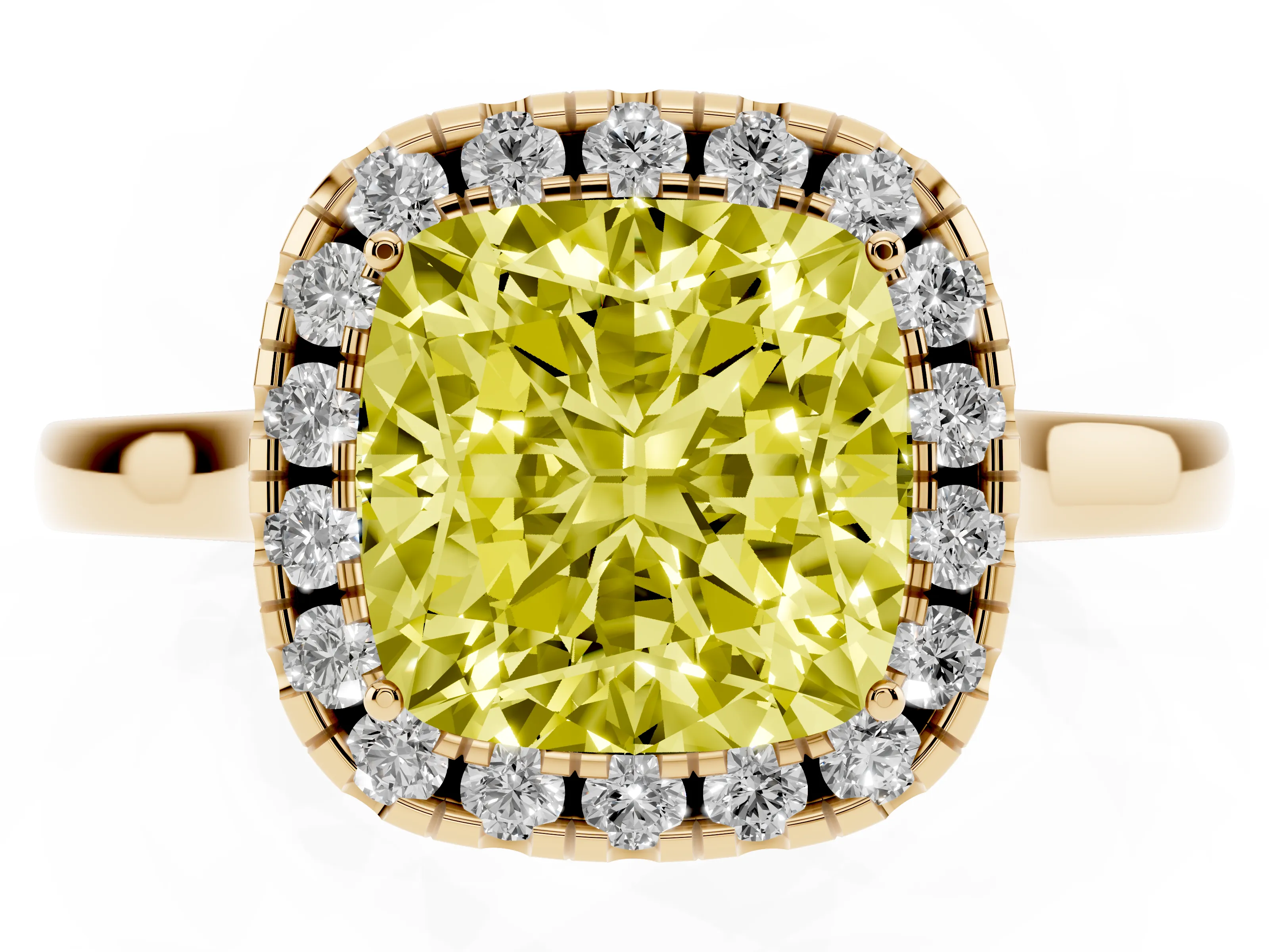 Fancy Yellow Cushion Cut Halo Round Diamond Solitaire Ring Set in Yellow gold with Pavé Band and Prong Setting