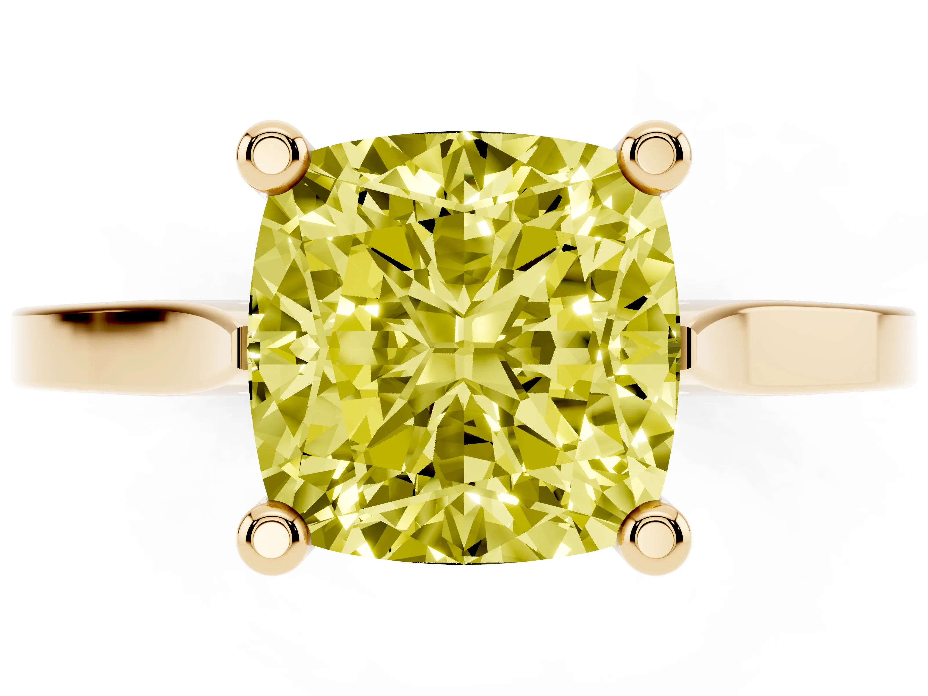 Fancy Yellow Cushion Cut Diamond Solitaire Ring Set in Yellow gold with Prong Setting and Tapered Band