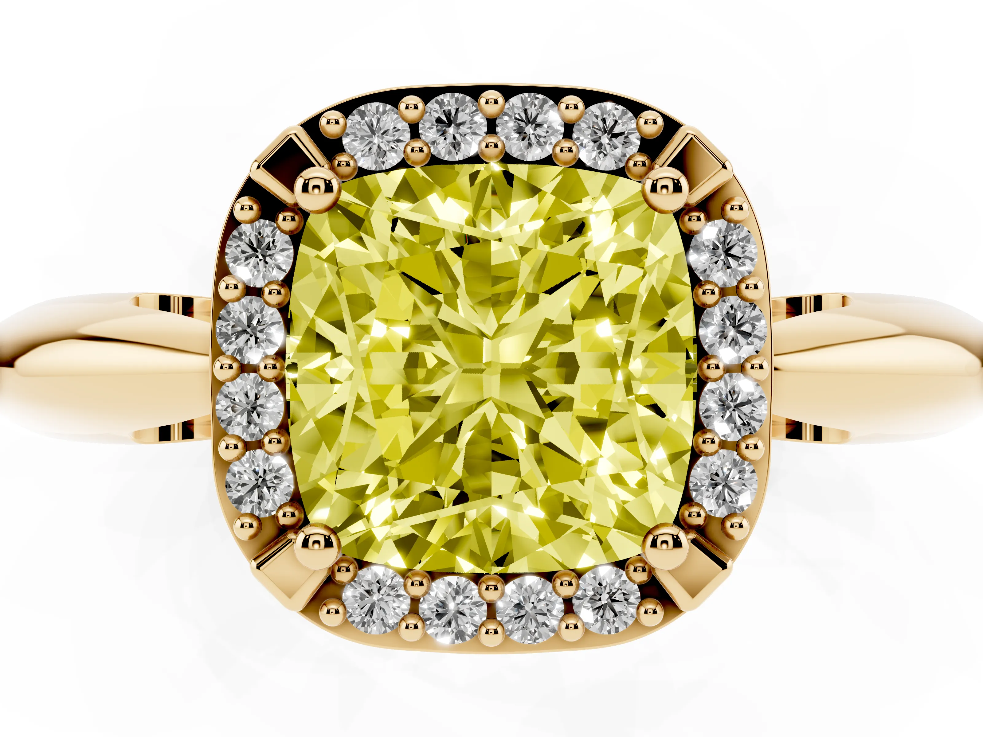 Fancy Yellow Cushion Cut Diamond Halo Engagement Ring Set in Yellow gold with Plain Split Shank and Prong Setting